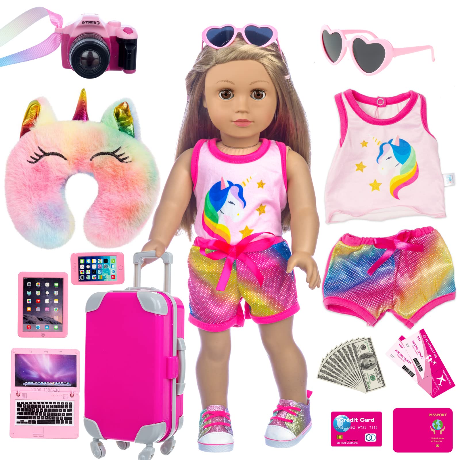 XFEYUE 18-inch doll travel suitcase with wheels for easy transport.