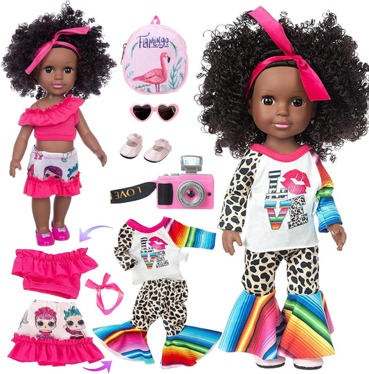 XFEYUE 14.5-inch black doll face detail for immersive imaginative play.