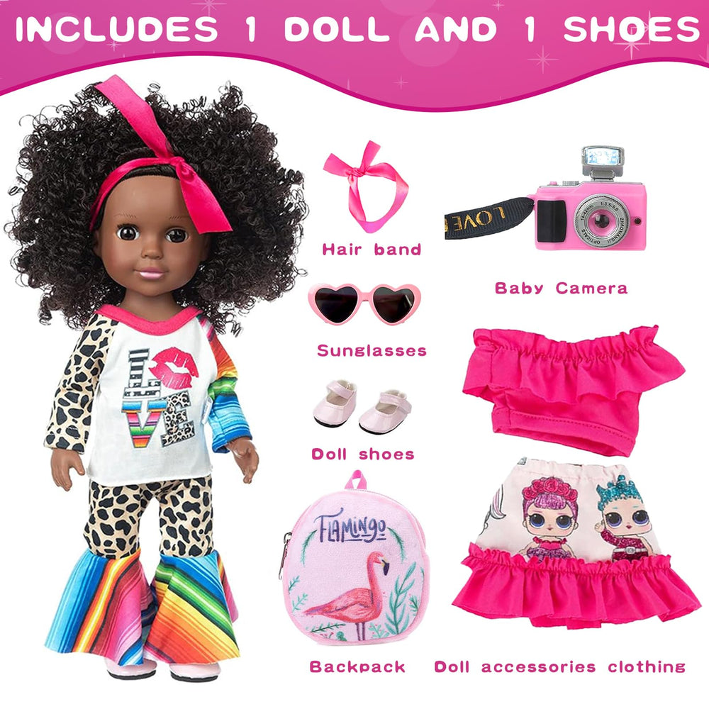 XFEYUE 14.5-inch black doll hair detail highlights realistic curls for tactile play.