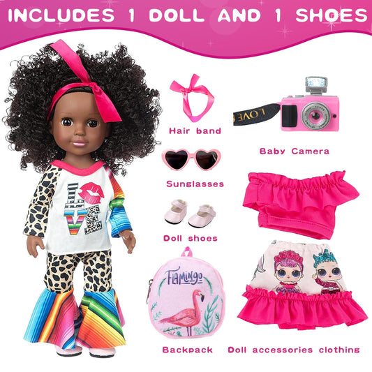 XFEYUE 14.5-inch black doll hair detail highlights realistic curls for tactile play.