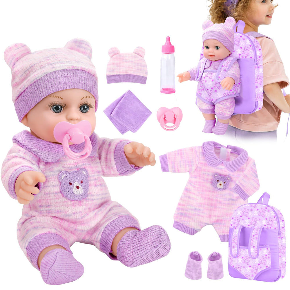 XFEYUE 12inch baby doll with bear backpack pattern for imaginative play and portability