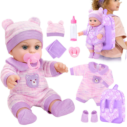 XFEYUE 12inch baby doll with bear backpack pattern for imaginative play and portability