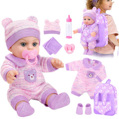 XFEYUE 12inch baby doll with bear backpack pattern for imaginative play and portability
