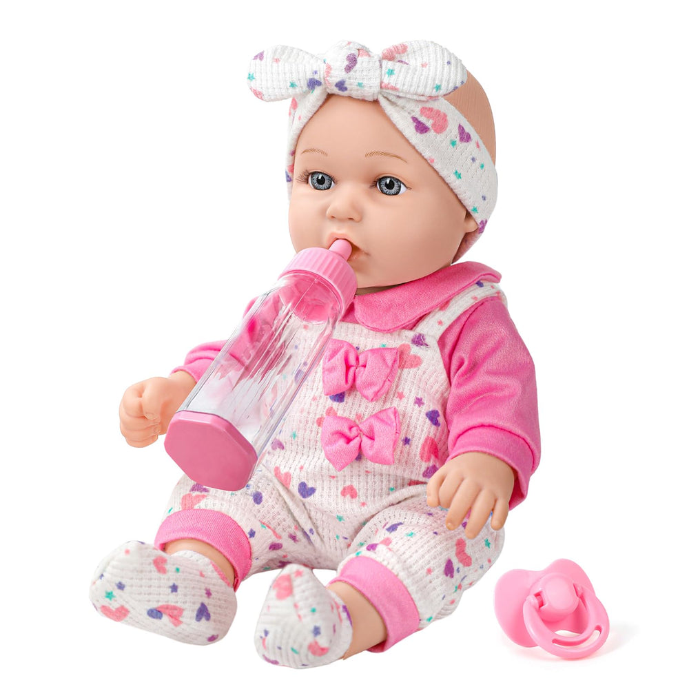 XFEYUE 12-inch baby doll with pink bowknot, ideal for small hands and pretend play