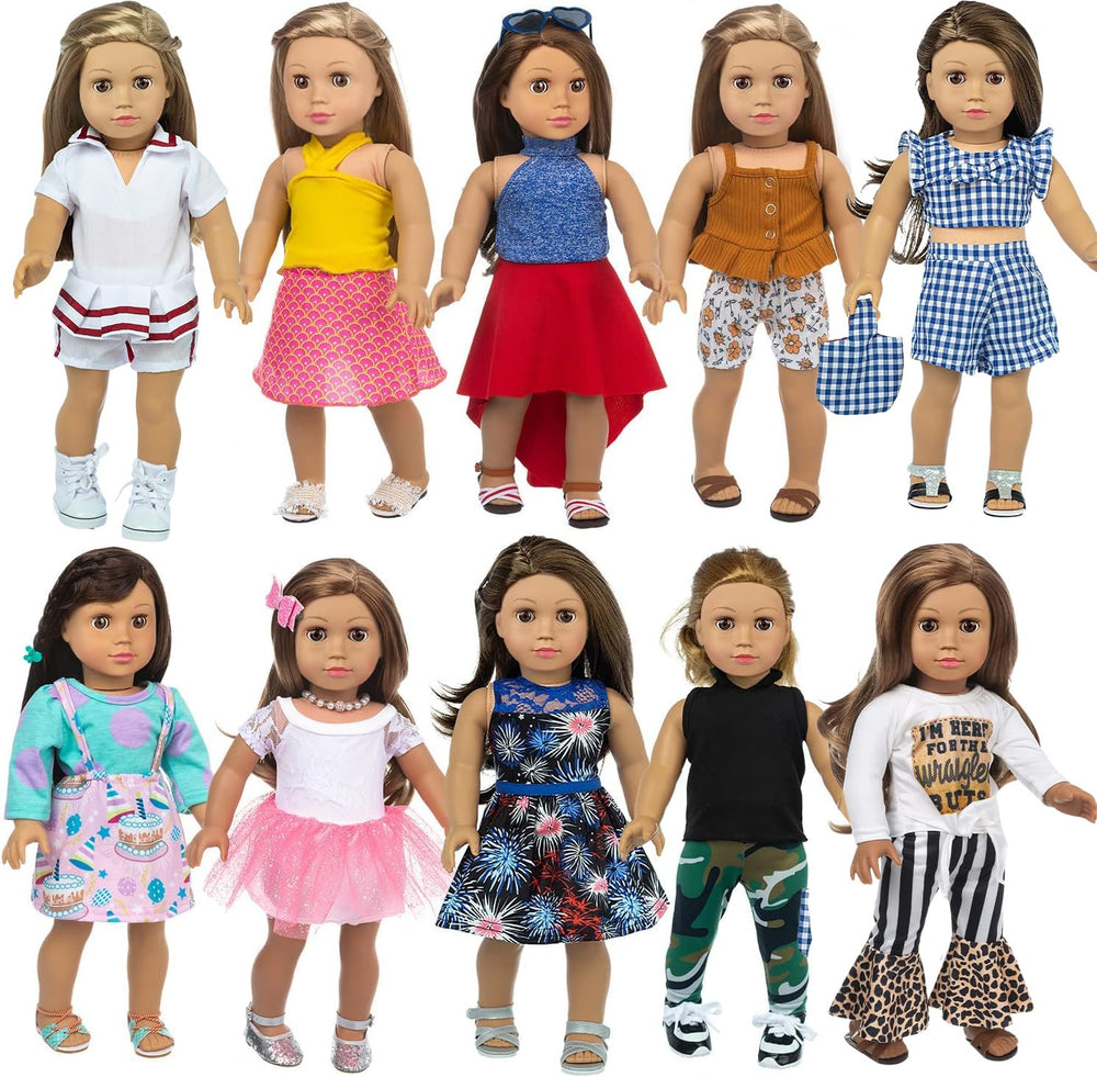 XFEYUE 18-inch doll clothes display for imaginative dress-up and outfit variety.