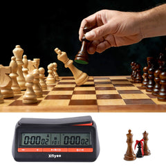 Xflyee Chess Clock packaging includes batteries and manual for setup.