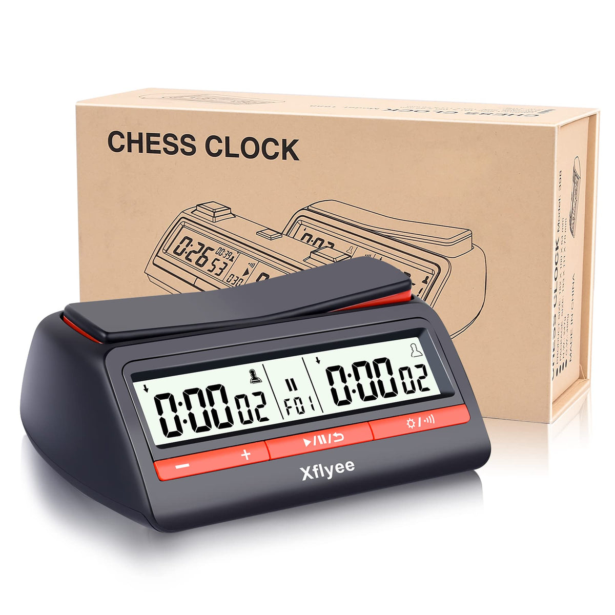 Xflyee Chess Clock front view shows compact portability for travel games.