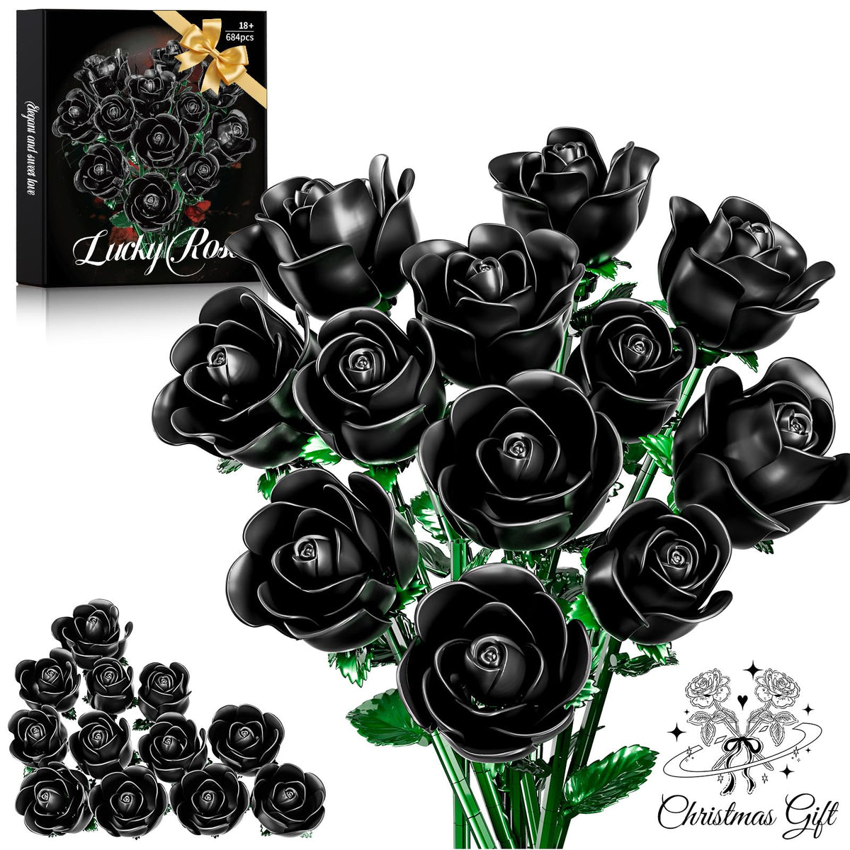 XGSHJ Black Rose Bouquet building set close-up of assembly set for dramatic centerpiece