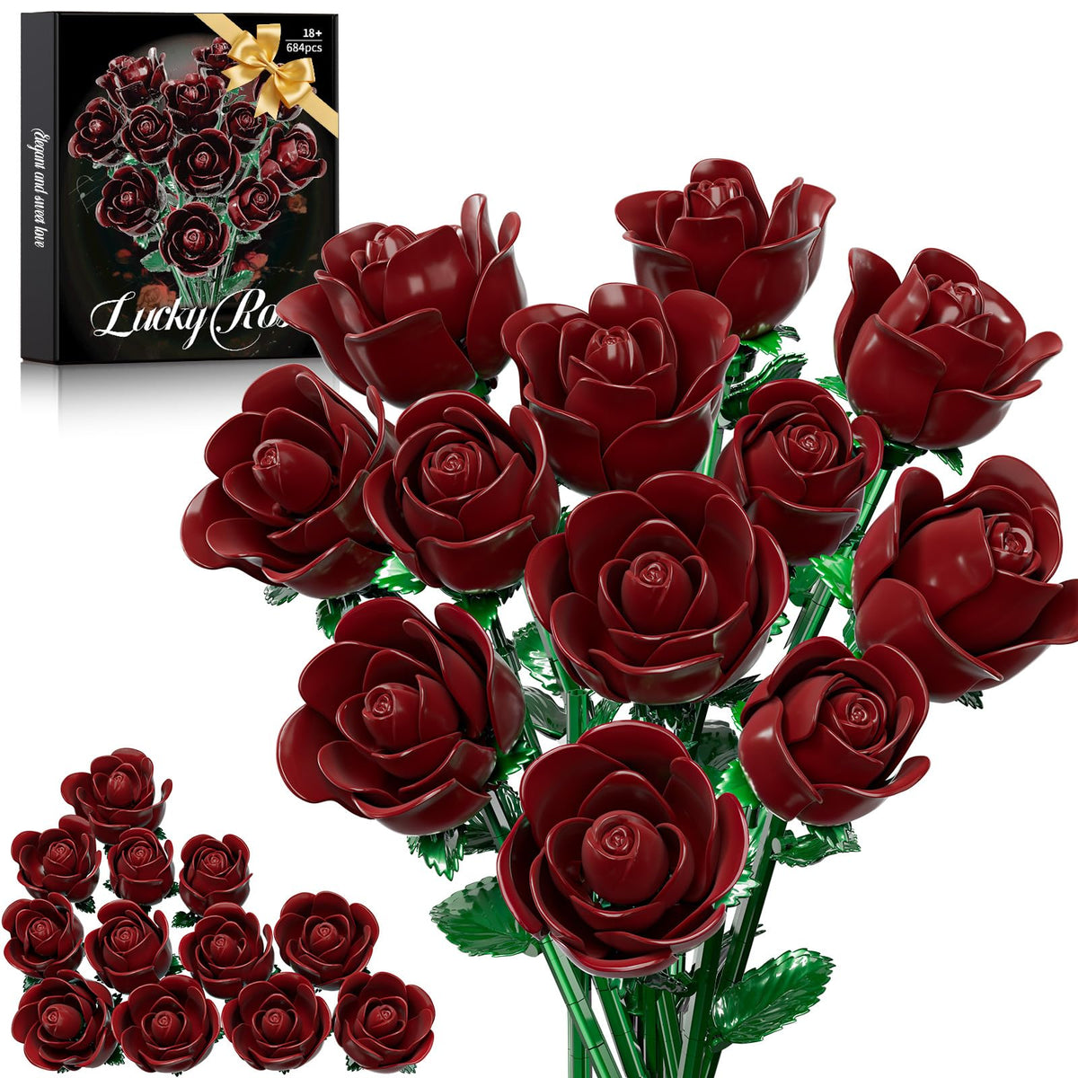 XGSHJ Burgundy Rose Bouquet building set creates a lasting centerpiece for home decor.