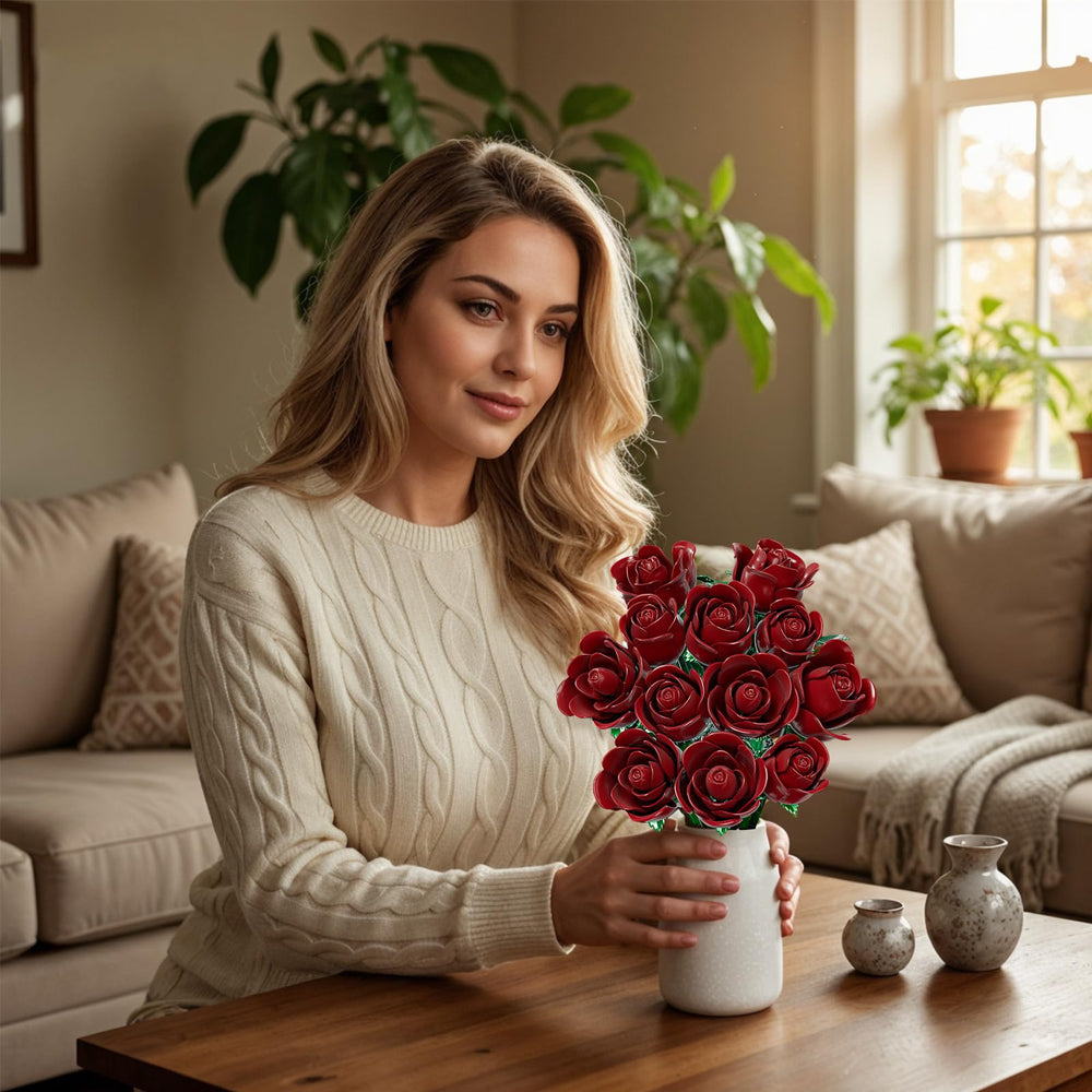 XGSHJ Burgundy Rose Bouquet building set features swinging petals for customizable display.