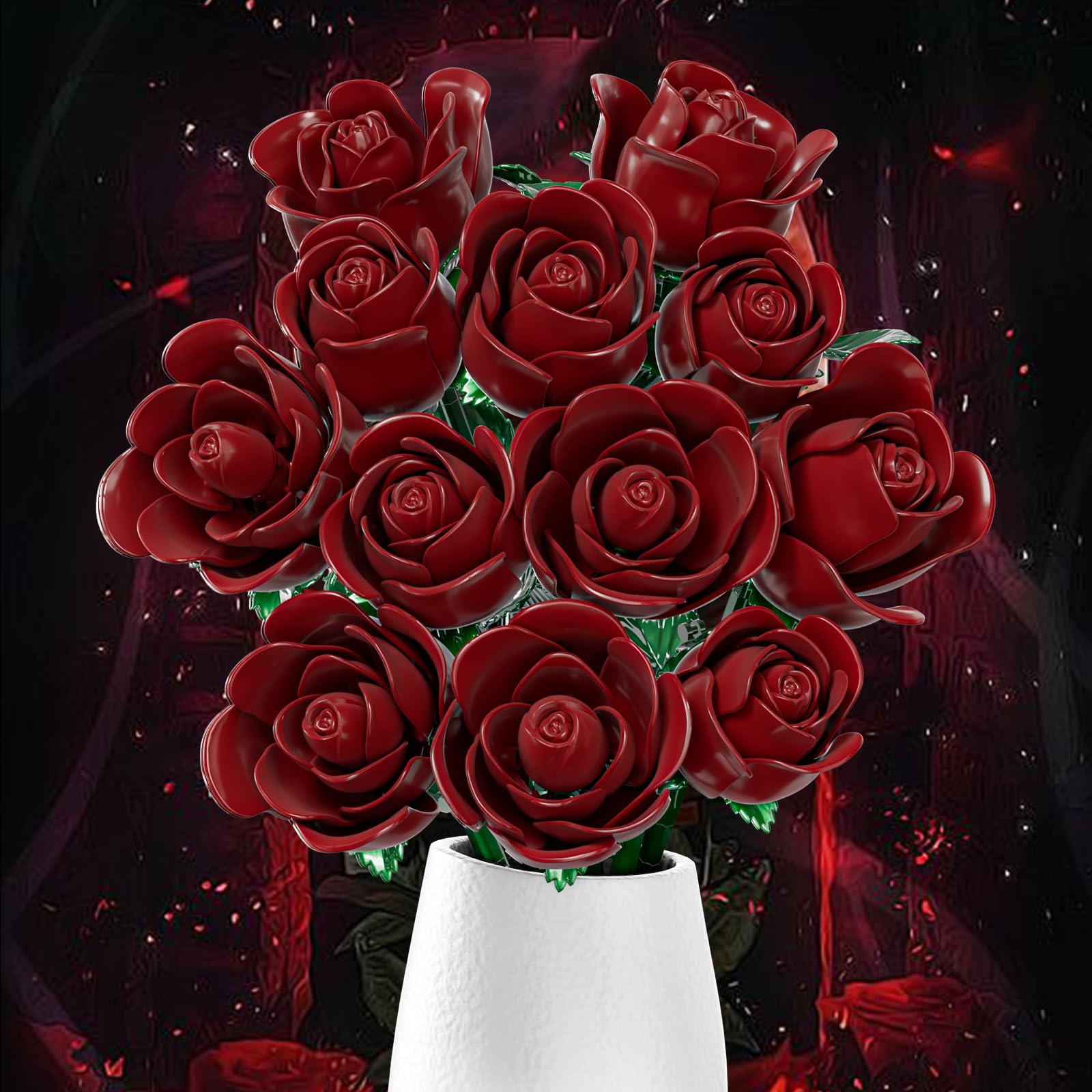 XGSHJ Burgundy Rose Bouquet building set highlights everlasting, maintenance-free floral decor.