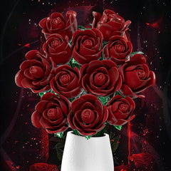 XGSHJ Burgundy Rose Bouquet building set highlights everlasting, maintenance-free floral decor.