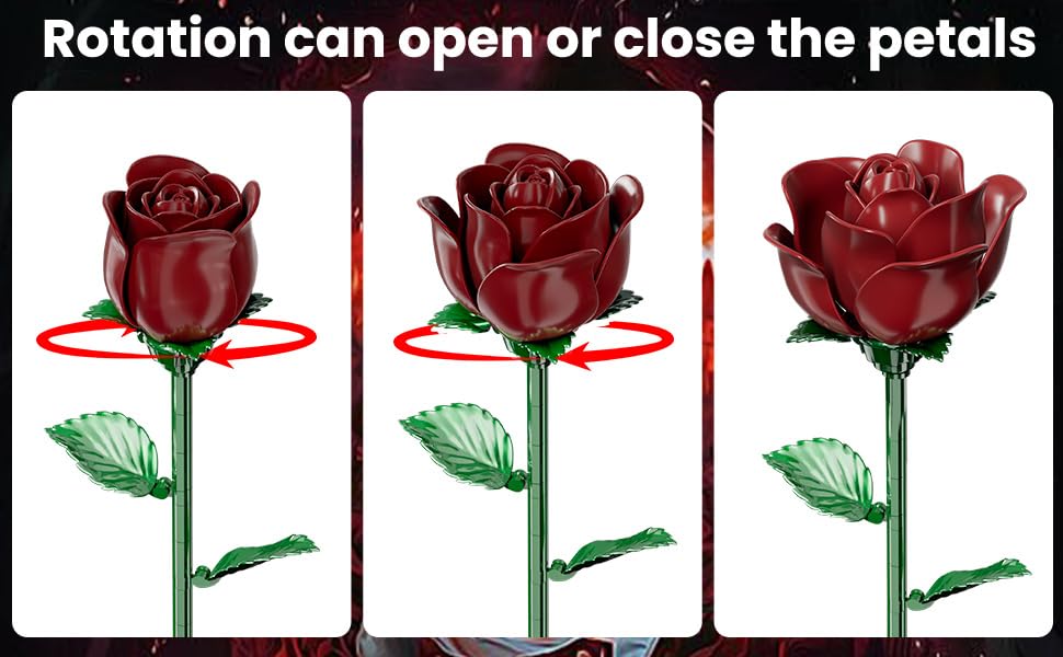 XGSHJ Burgundy Rose Bouquet building set adapts to any vase with adjustable stems.