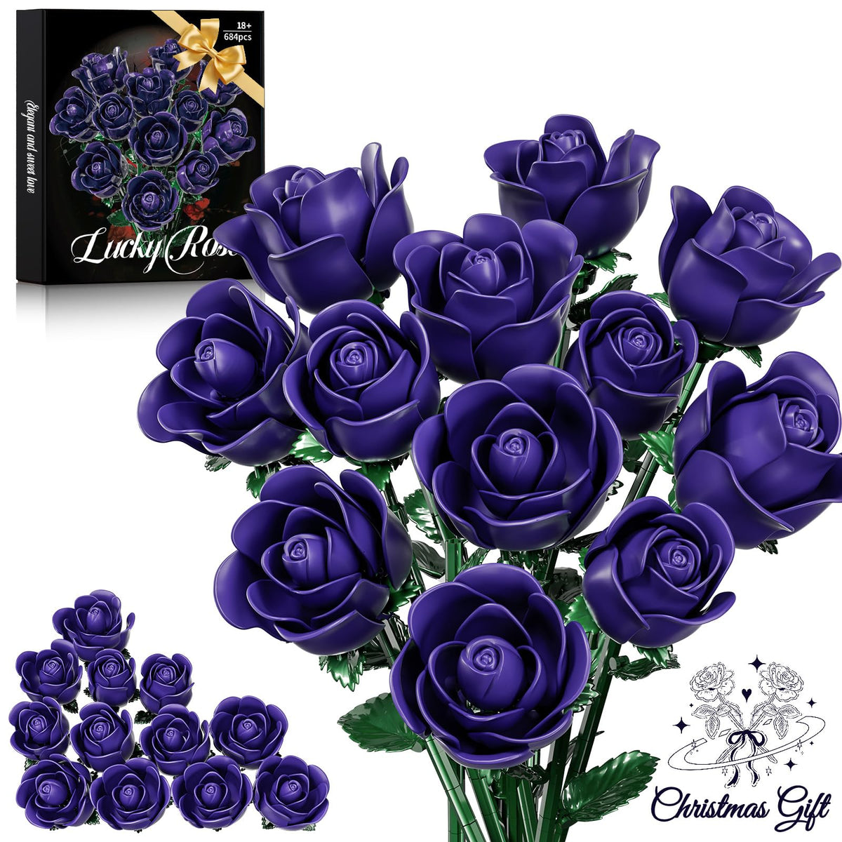 XGSHJ Purple Rose Bouquet Building Set with 12 lifelike roses for a durable centerpiece