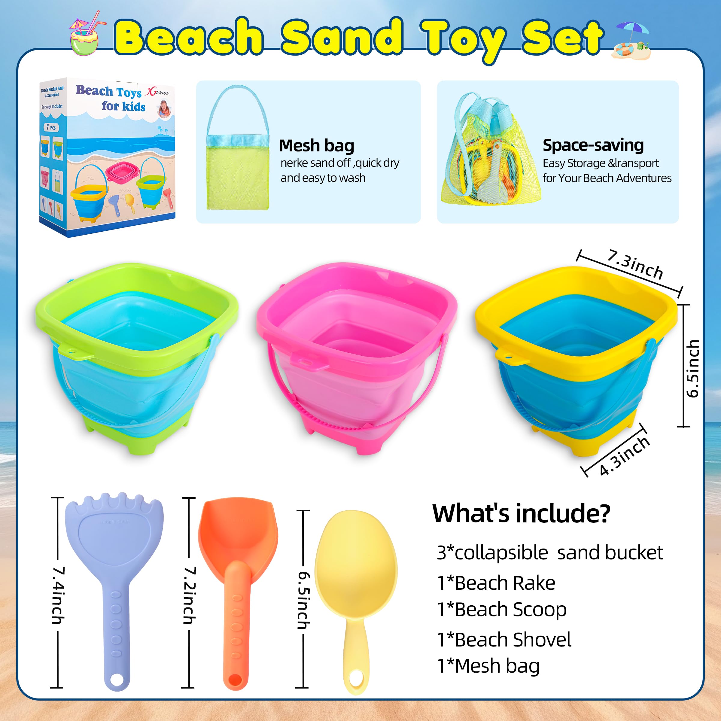 Xgunion collapsible beach bucket with shovels and rake for easy sand play.