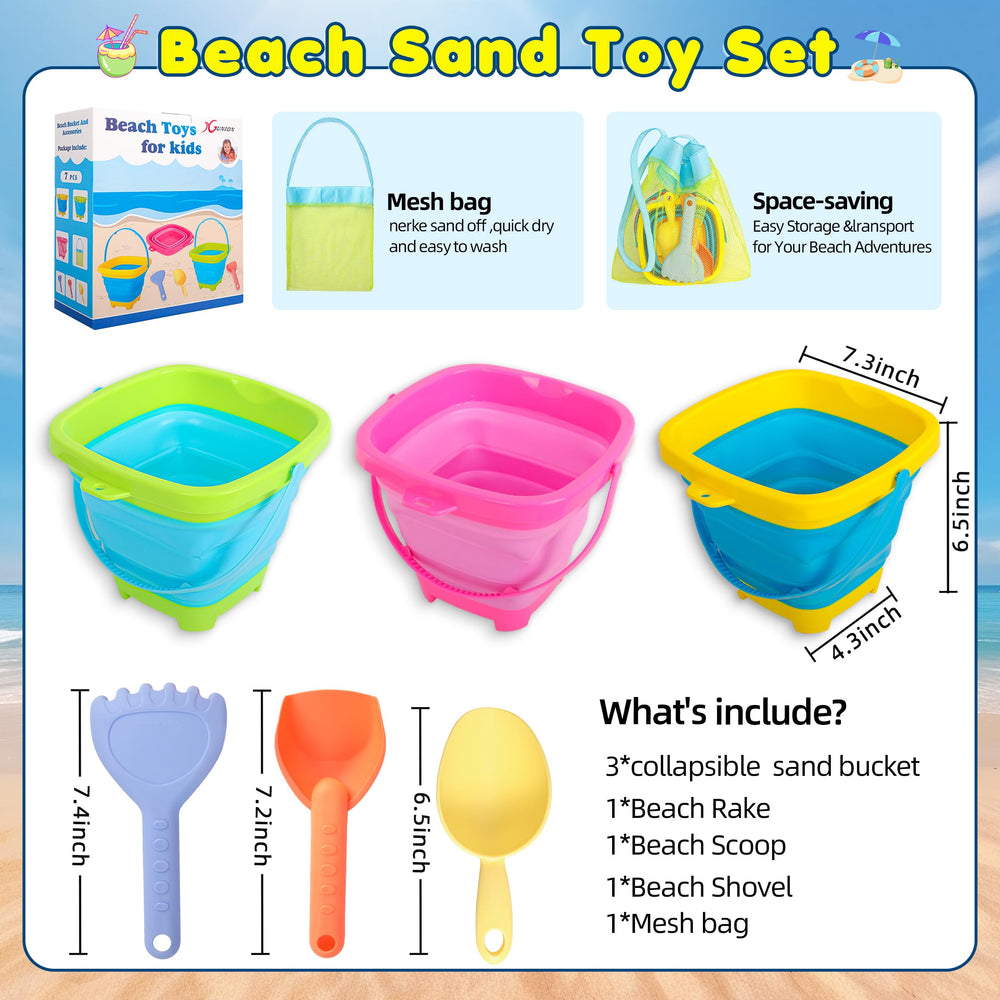 Xgunion collapsible beach bucket with shovels and rake for easy sand play.