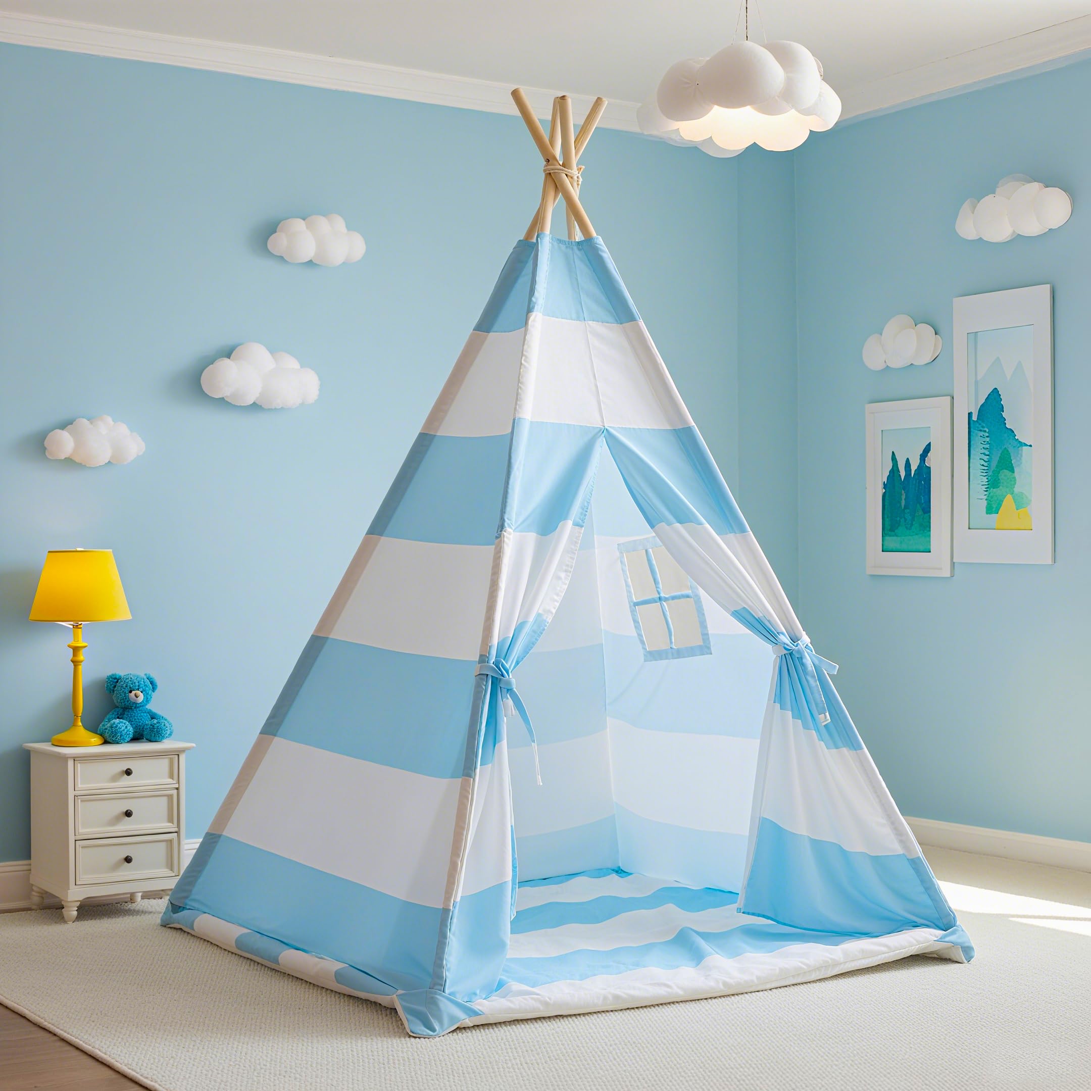 xiaowantong teepee tent striped blue padded mat creates a cozy indoor hideaway