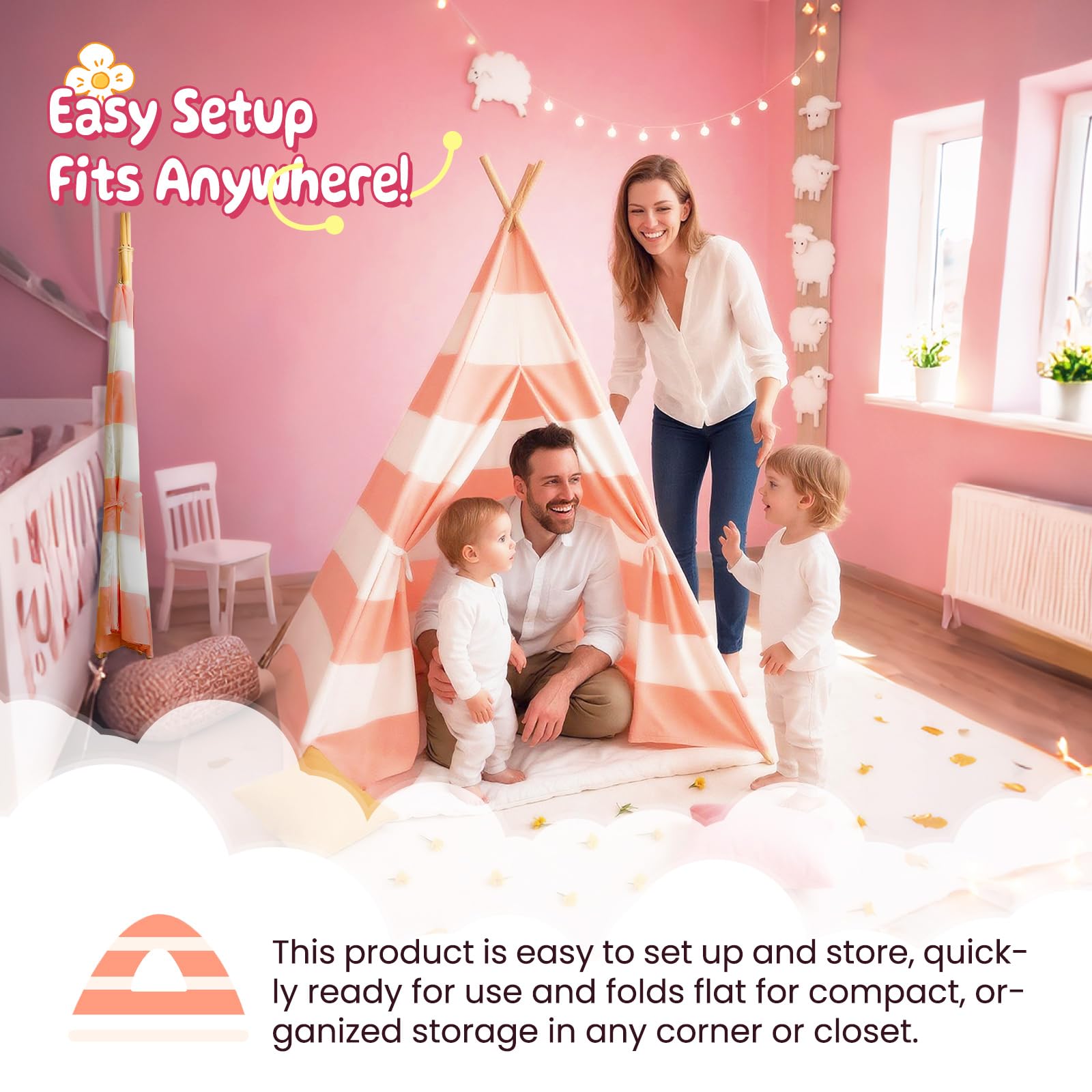 xiaowantong teepee tent with built-in lights for cozy evenings.