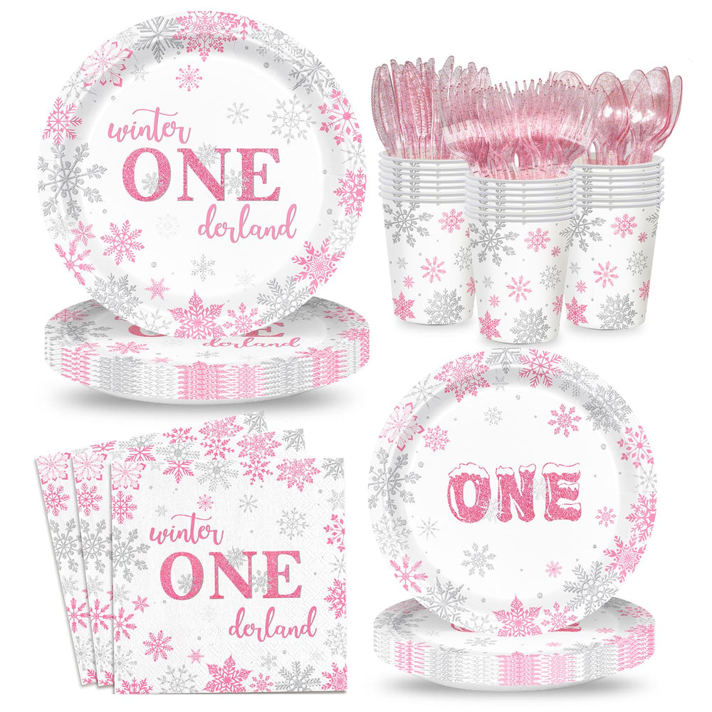 XIENBLOC Winter Onederland 9-inch plates in pink and silver for stylish party servings.