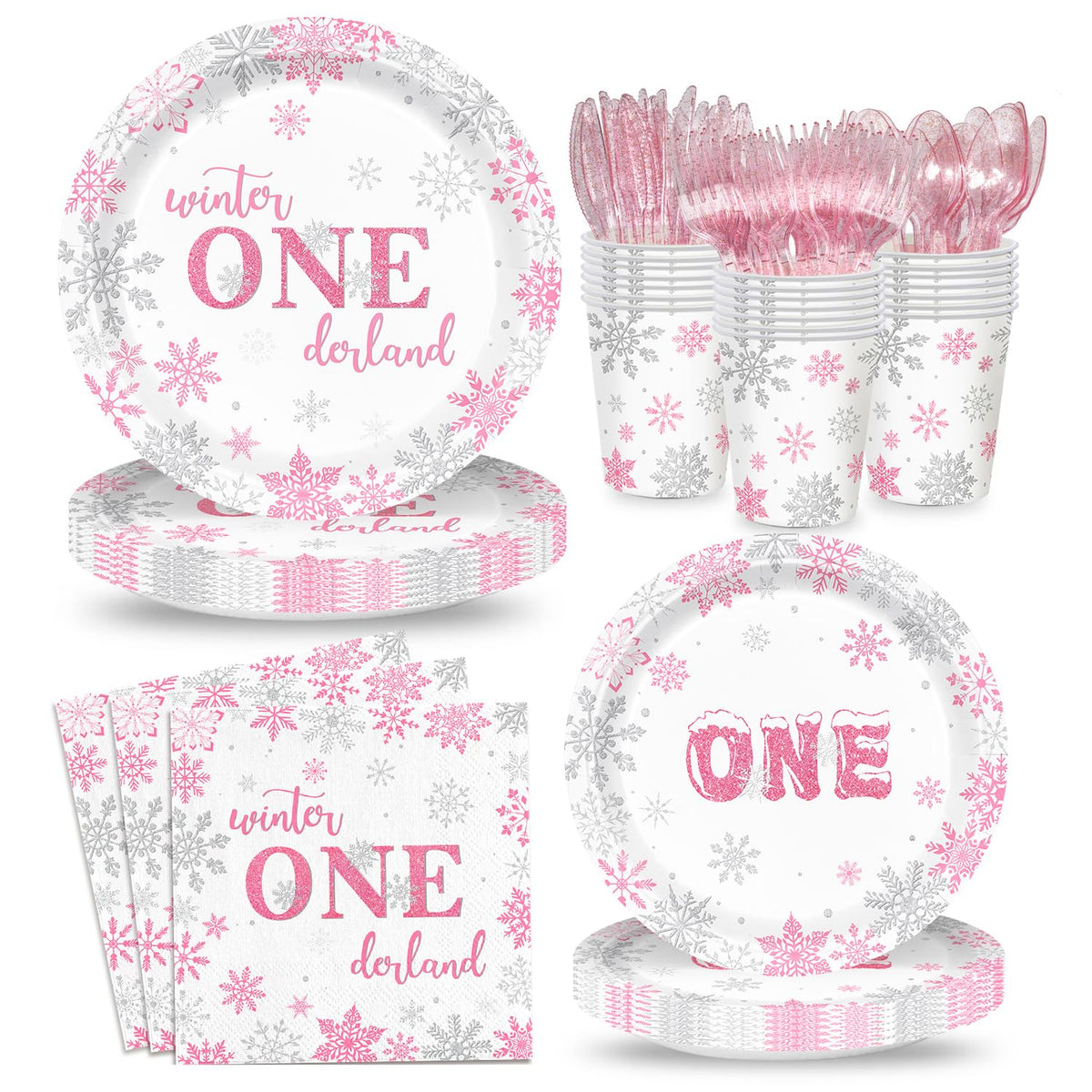 XIENBLOC Winter Onederland 9-inch plates in pink and silver for stylish party servings.