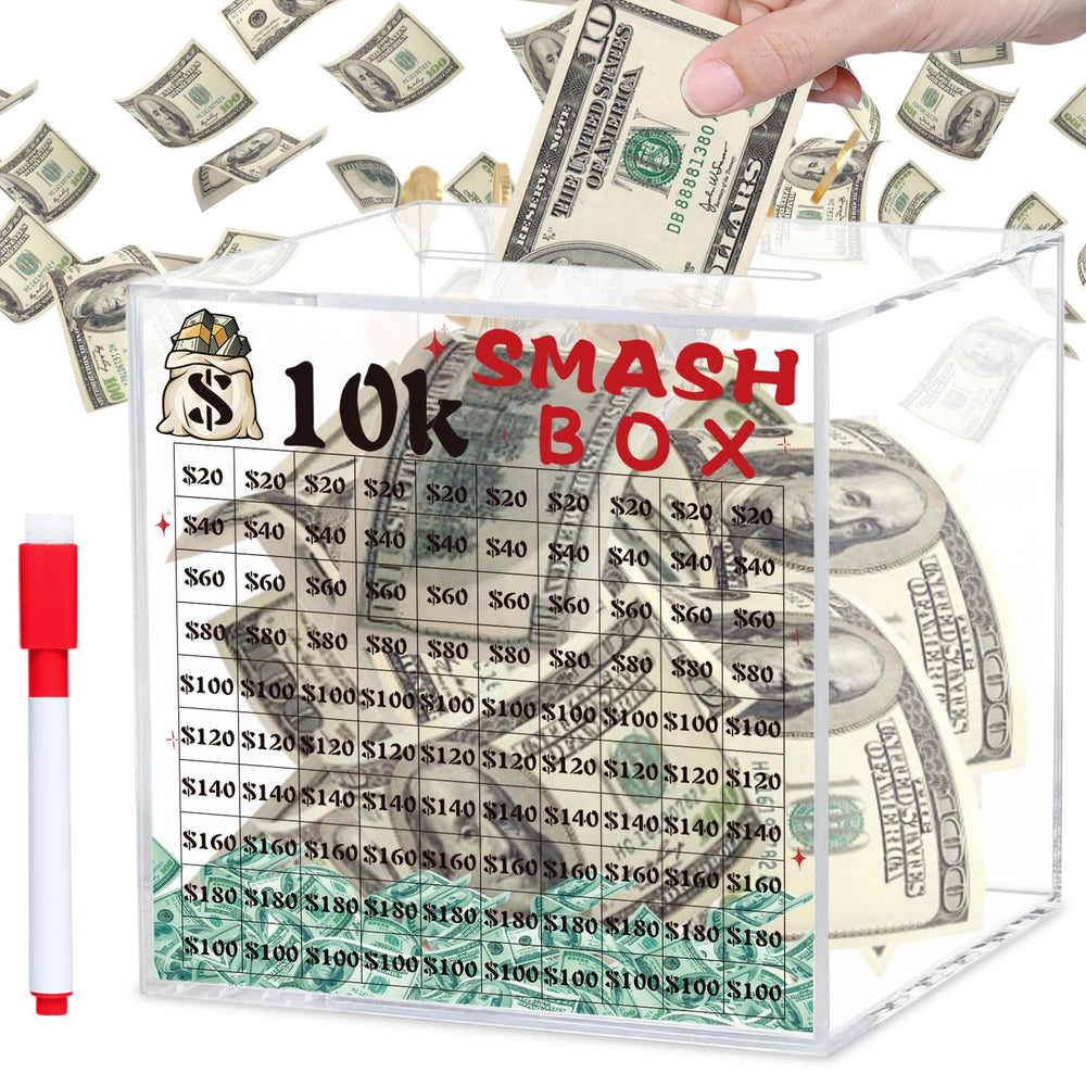xiheer 10k Smash Box front view, a transparent savings container for tracking progress toward $10,000