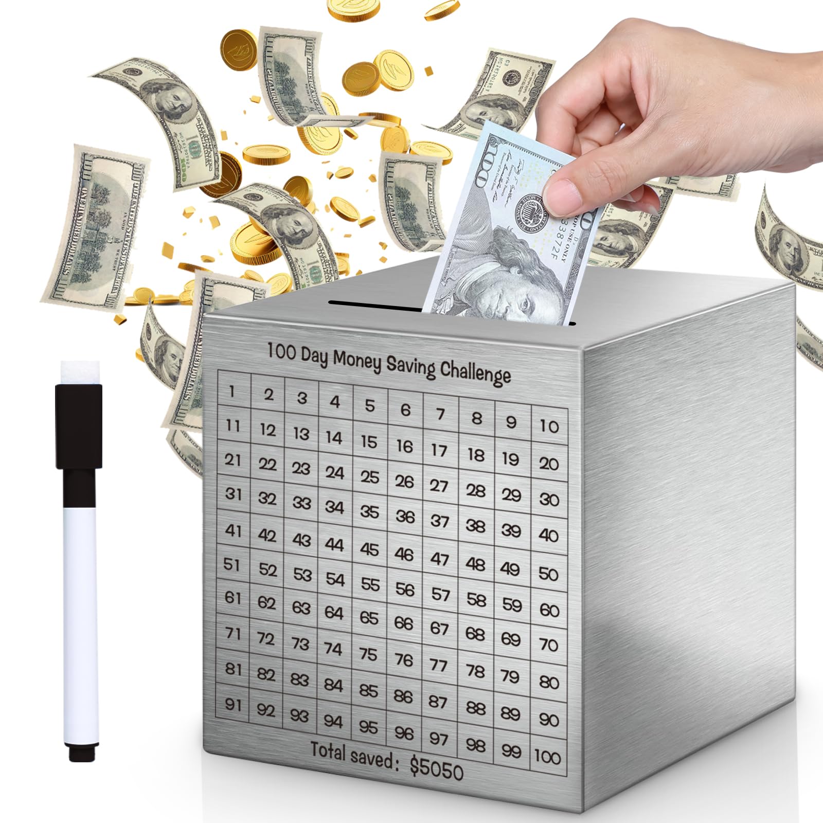 xiheer money saving box on desk with coin slot and progress icons for daily savings