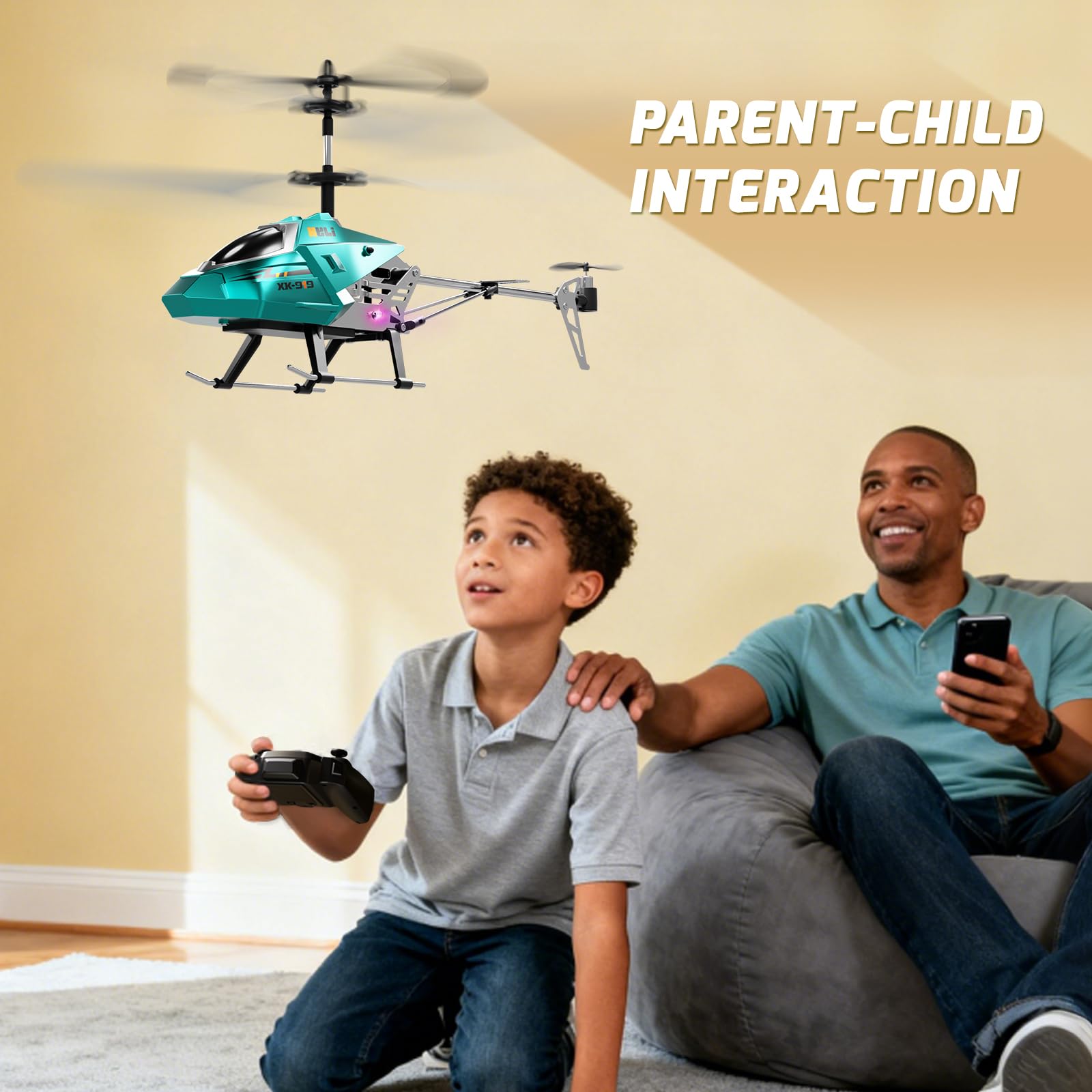 XIKOTEC RC helicopter with safe landing feature for gentle landings.