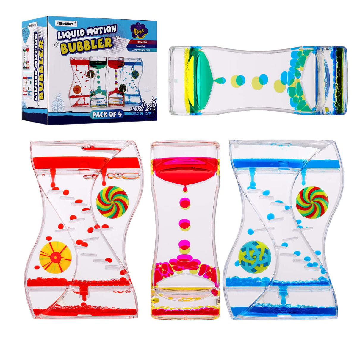 XINBAOHONG liquid motion bubbler four-pack with colorful flowing liquid for calming focus.