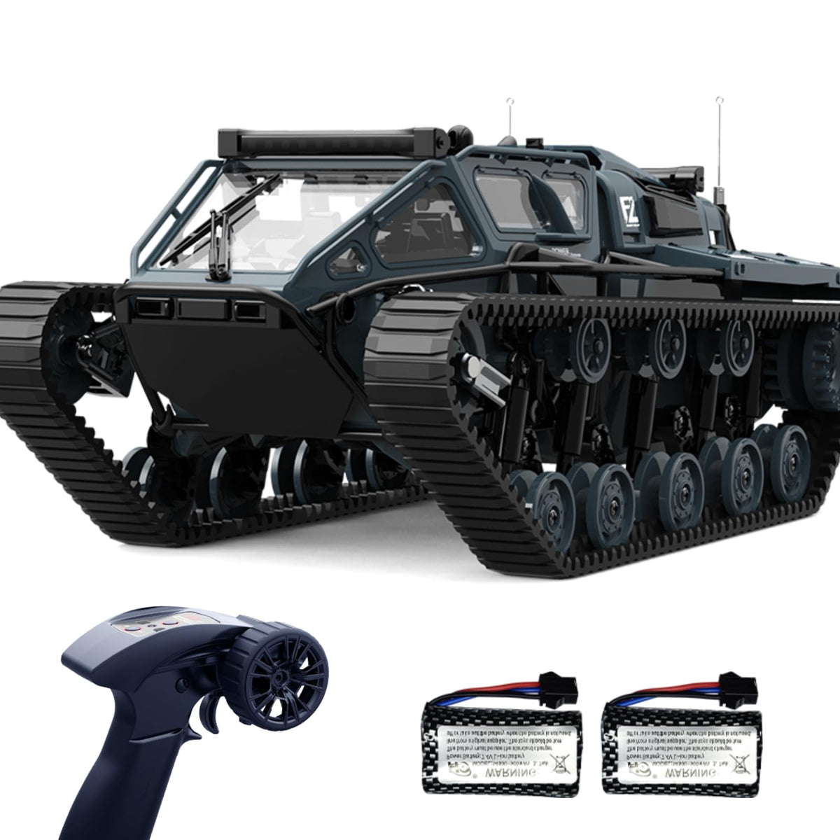 XINGRUI 1:12 RC tank front view showing rugged 4WD chassis for all-terrain play