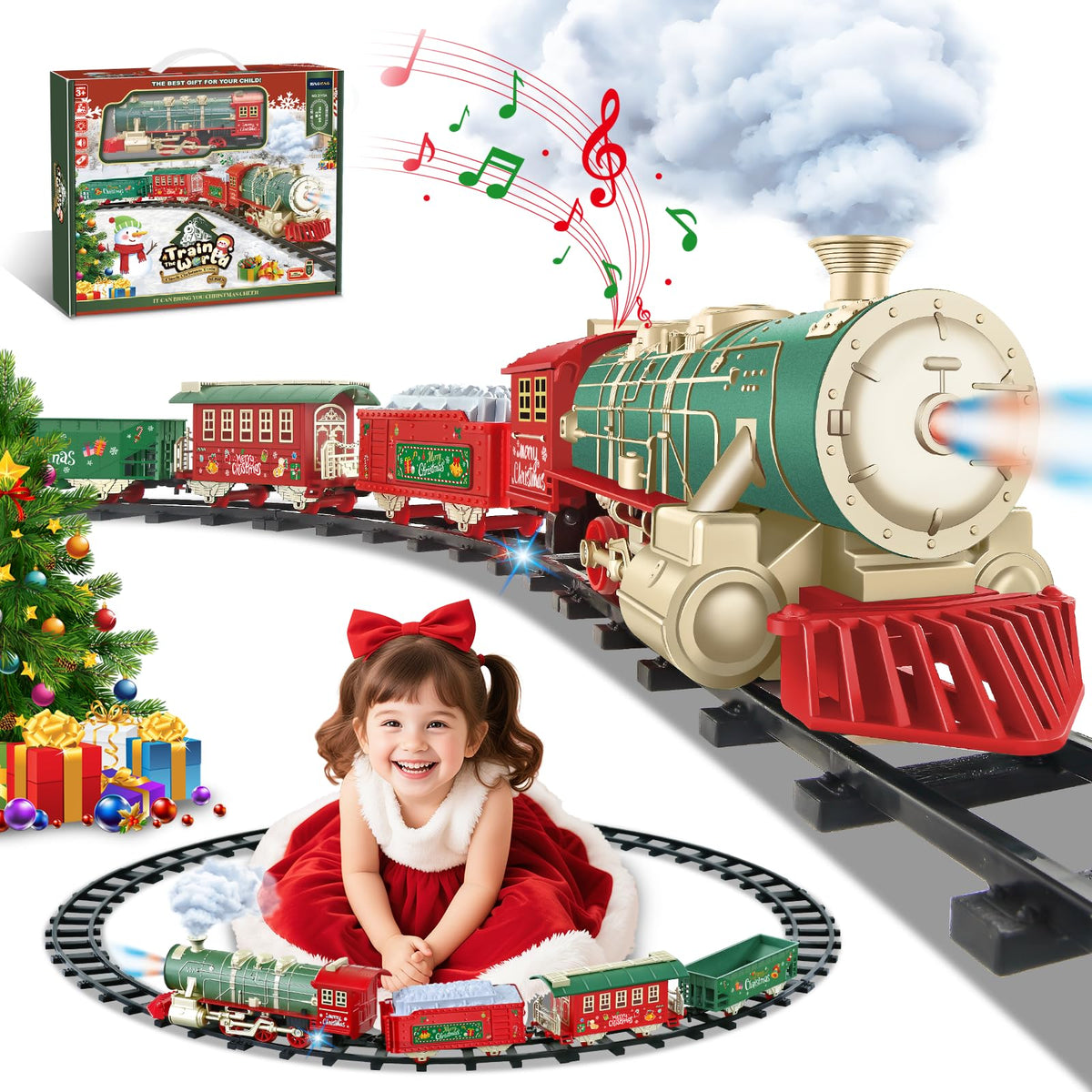 XINGYING Christmas train steam locomotive with lights for magical tree decor.