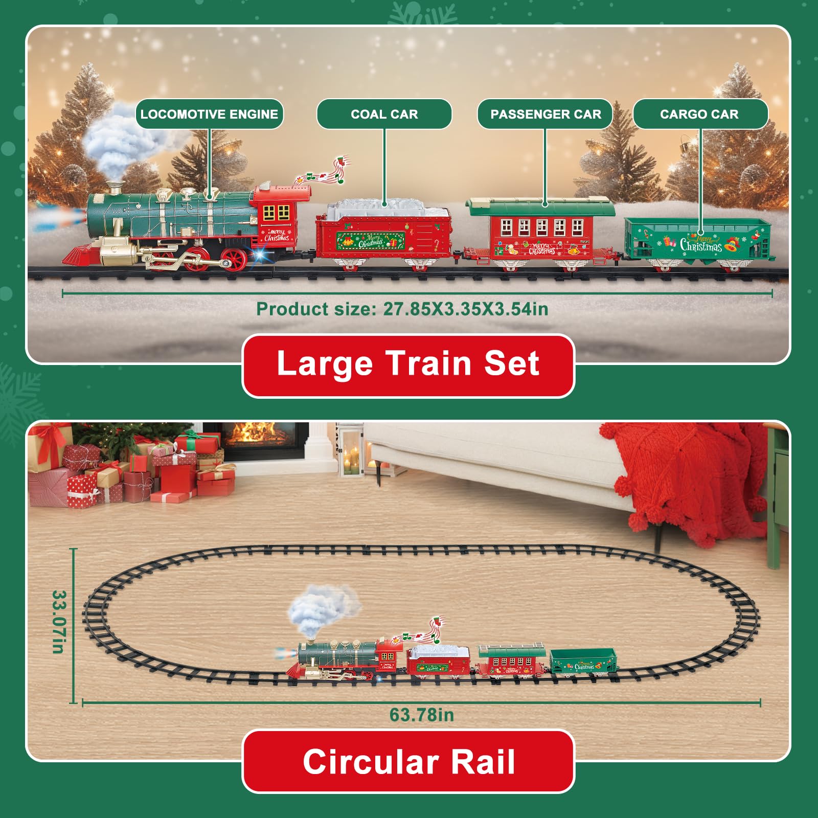 XINGYING Christmas tree setup scene shows the train circling decorations.