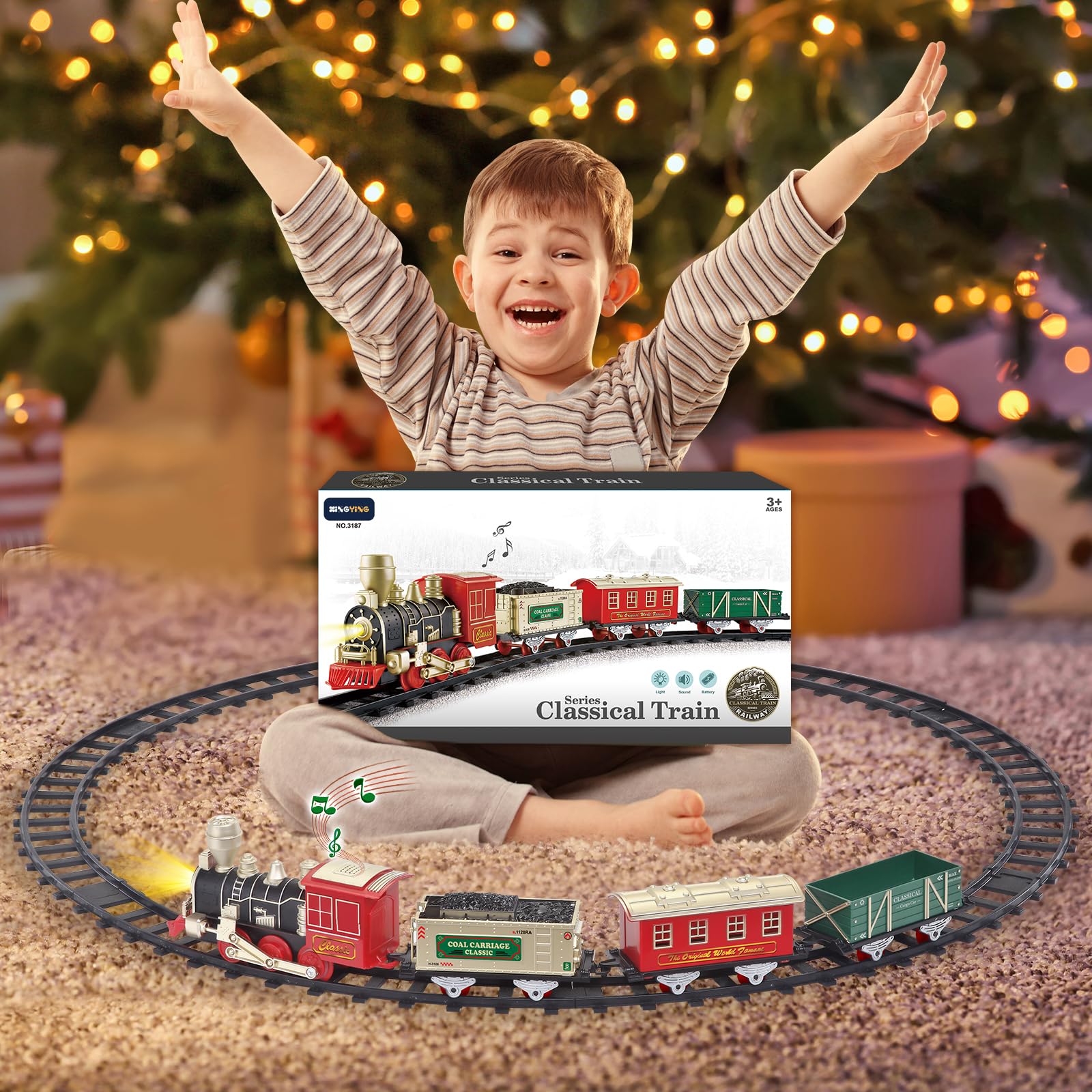 XINGYING electric train oval layout around a 53-inch tree for immersive decor.