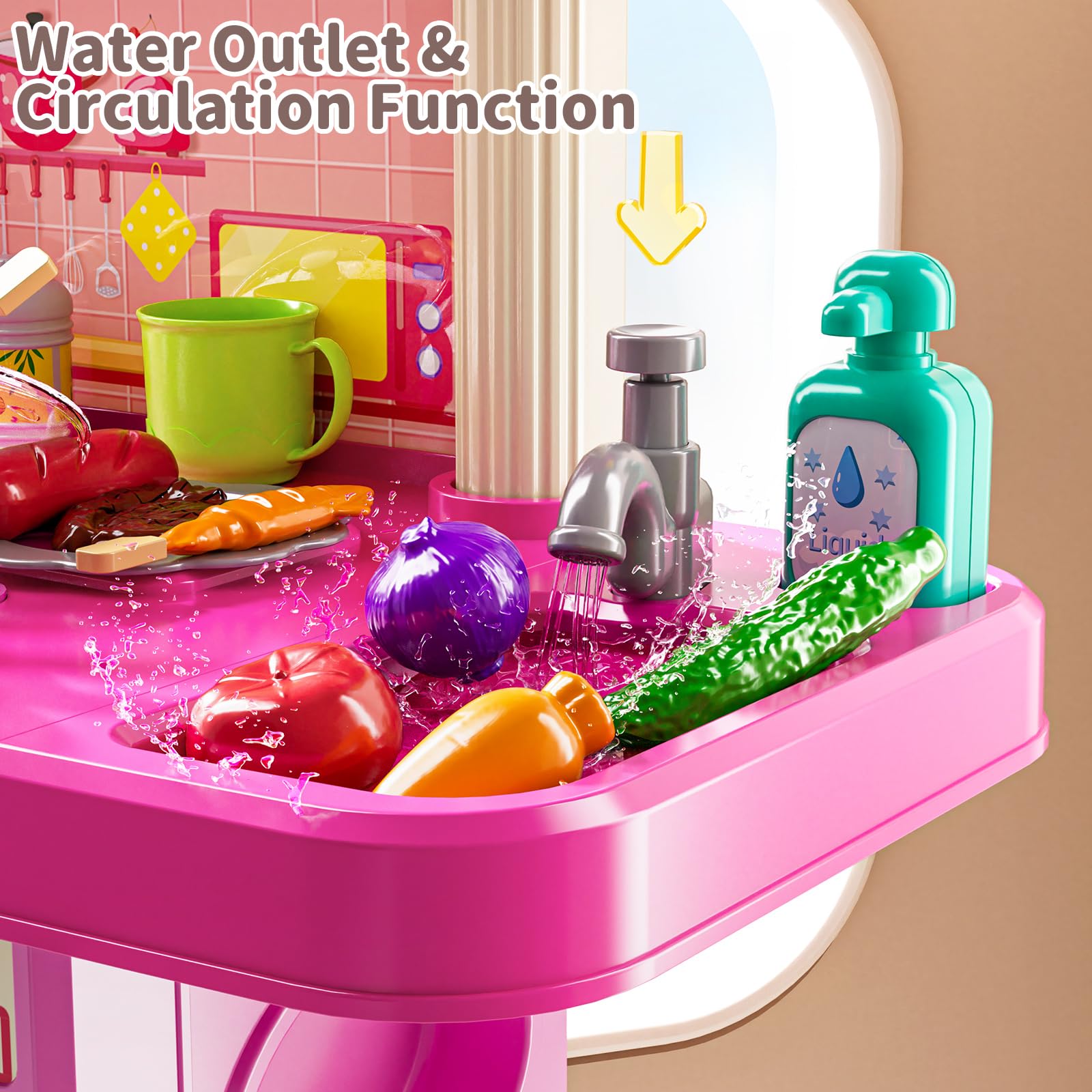 XINNOVEL play kitchen pink sink with water for pretend washing