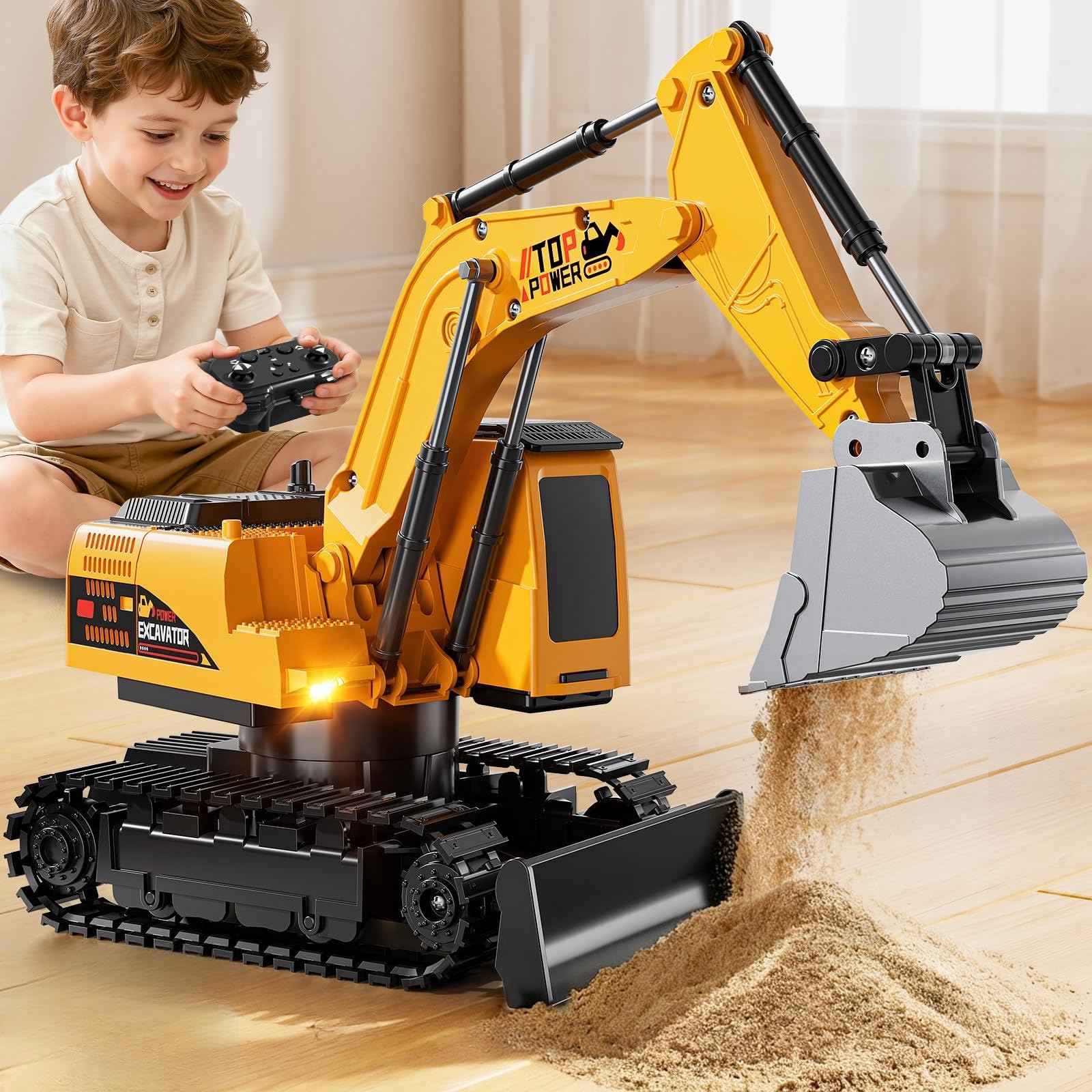 XINNOVEL remote control excavator digs sand for engaging outdoor play.