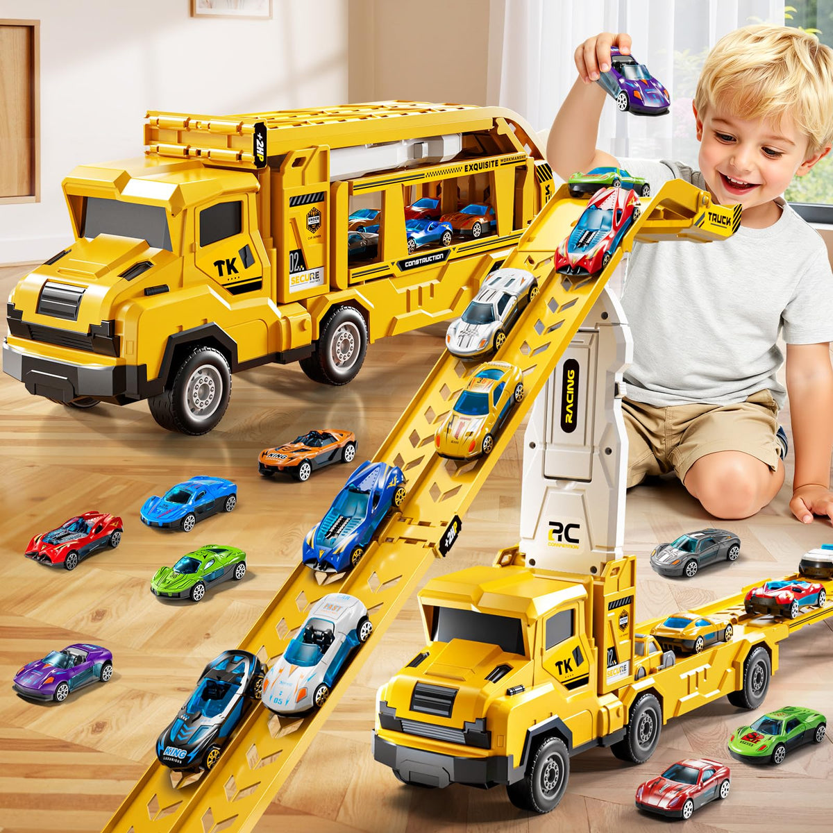 XINNOVEL transform truck with 12 die-cast cars for immersive racing.