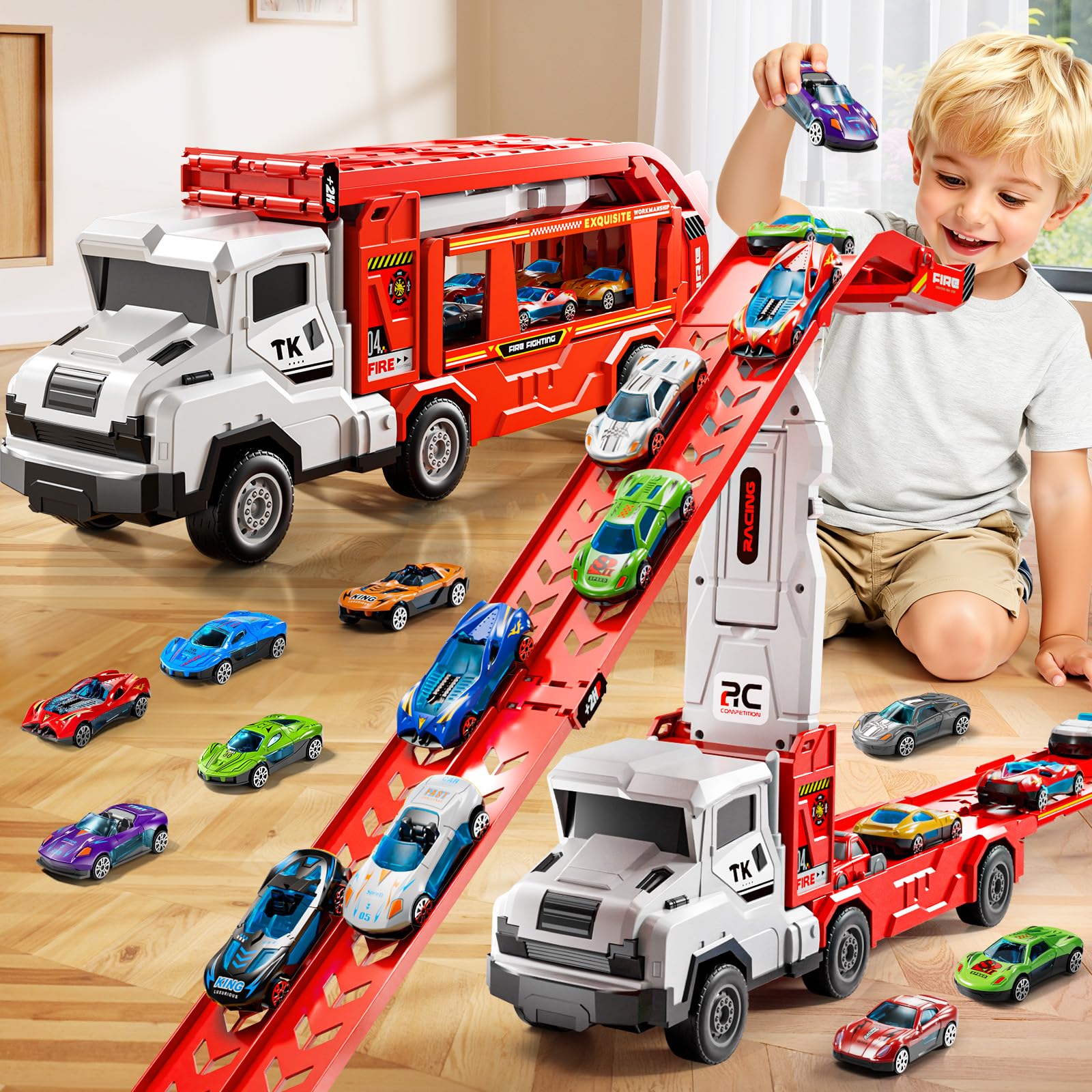 XINNOVEL transporter truck toy set showcases durable, portable play in action.
