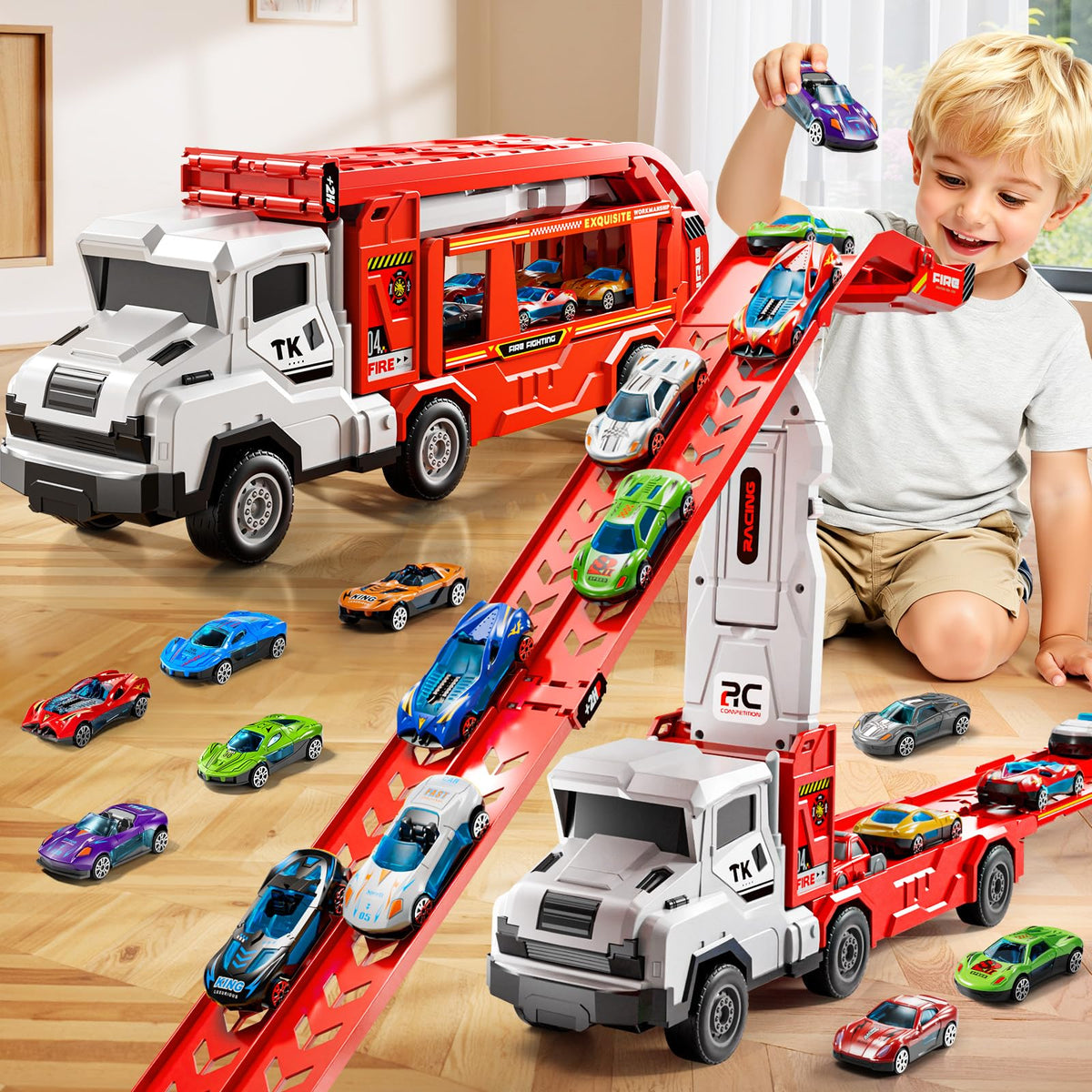 XINNOVEL transporter truck toy set showcases durable, portable play in action.