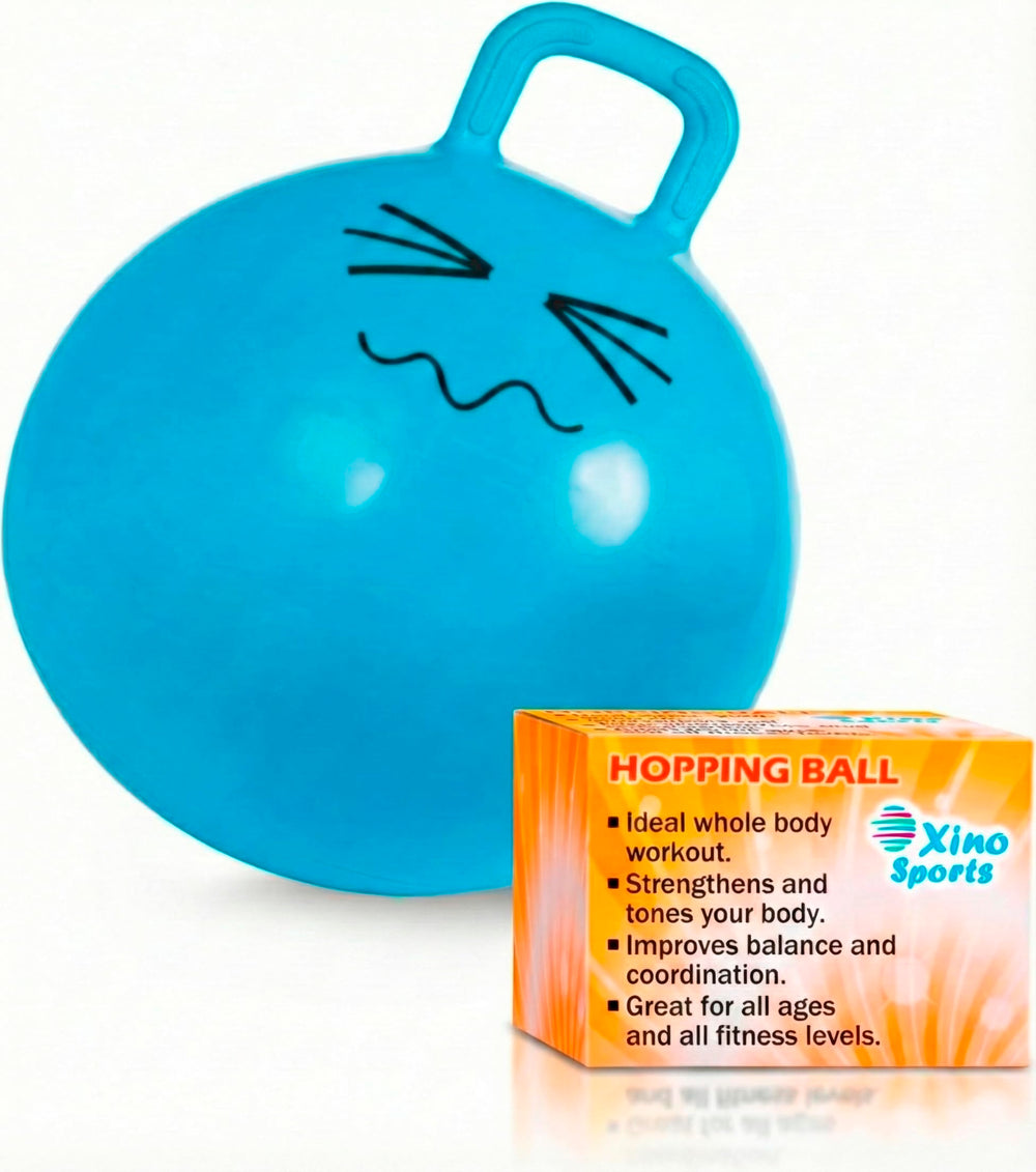 Xino Sports hopping ball blue with handle encourages active play and safe jumping.