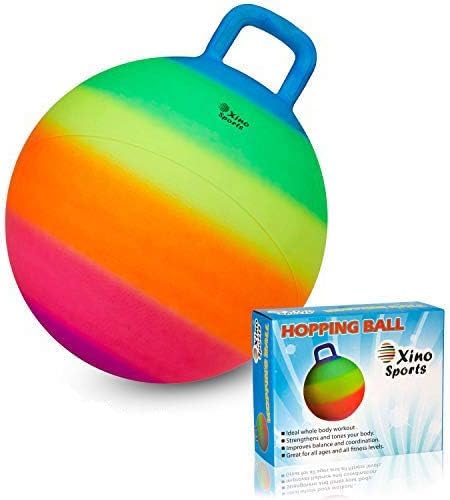 Xino Sports hopping ball with rainbow handle for energetic indoor and outdoor play.