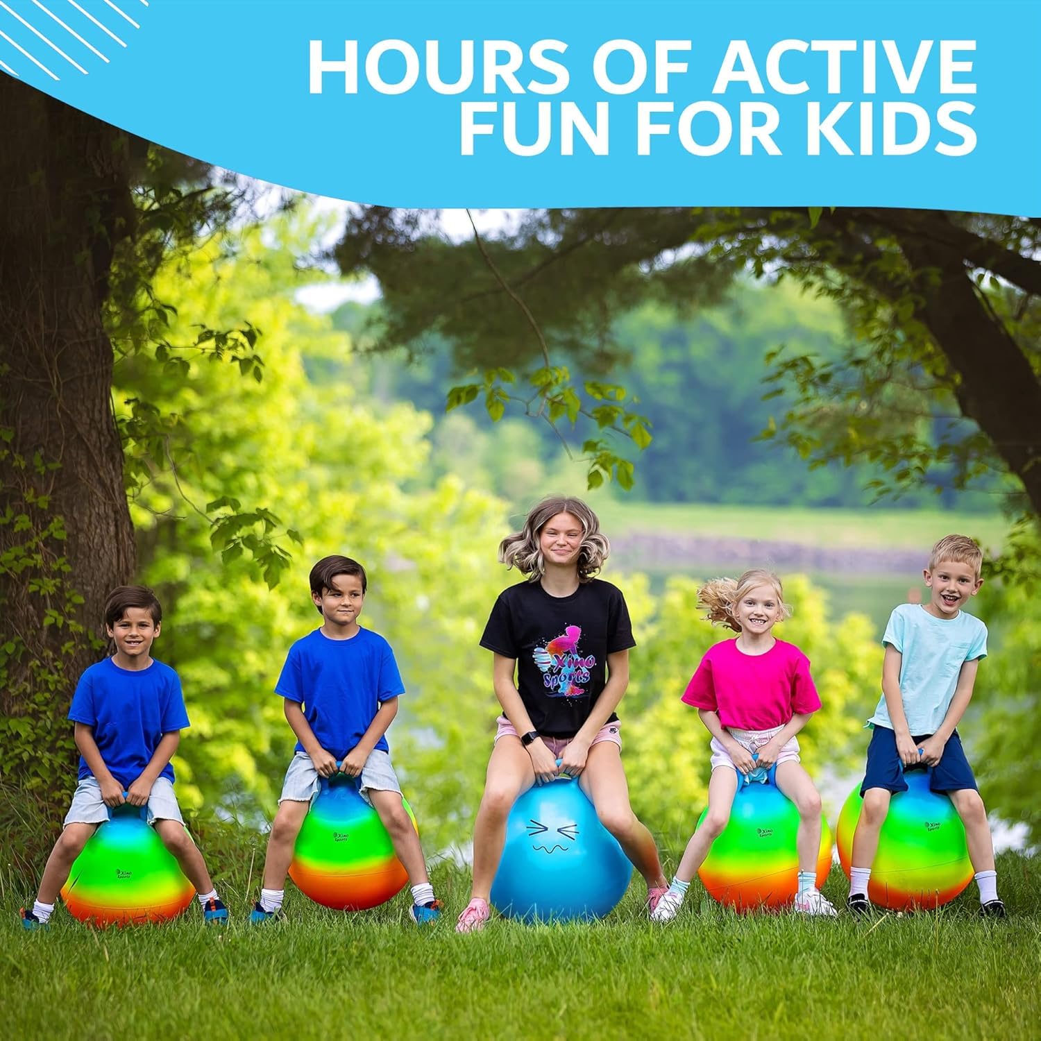 Xino Sports 18-inch rainbow hopper ball helps kids jump with coordination.