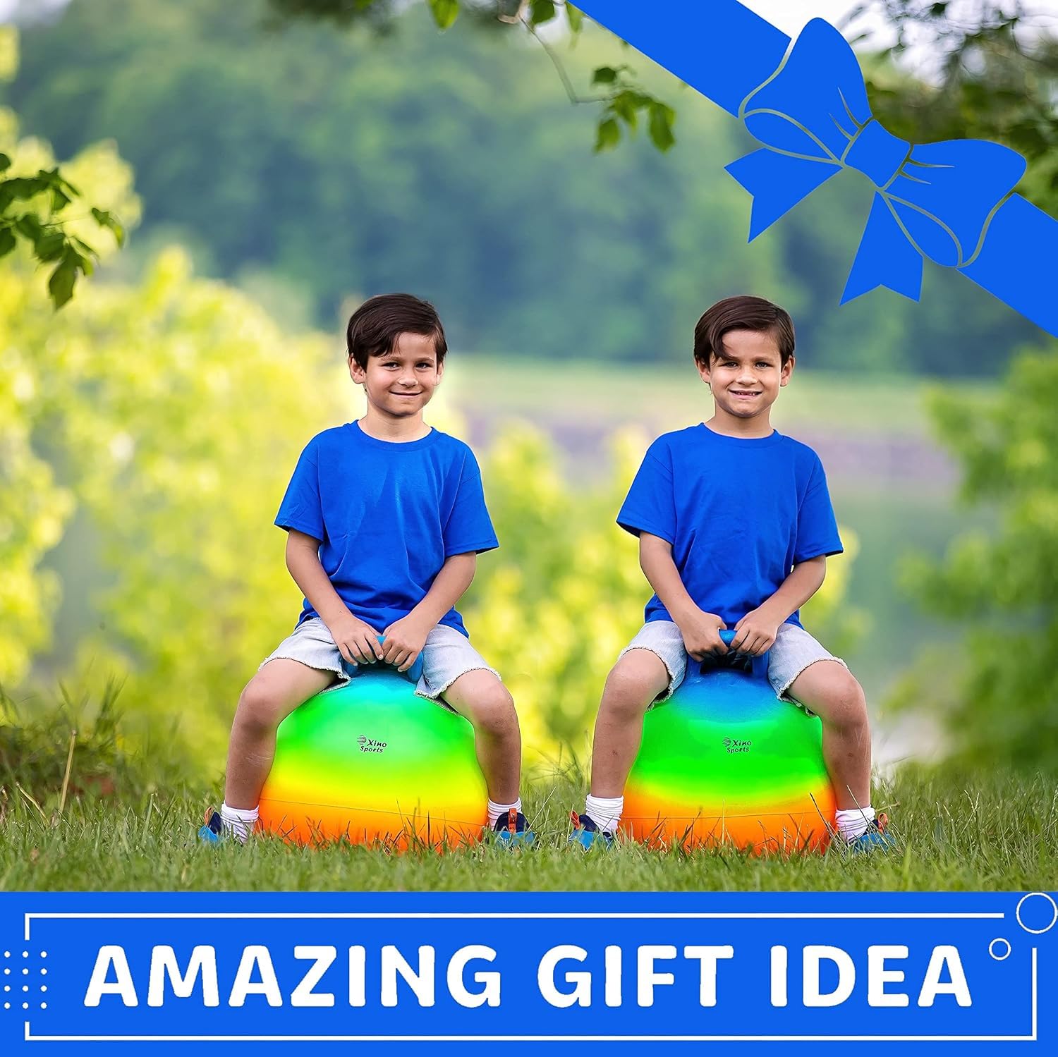 Xino Sports rainbow hopper ball supports safe, sturdy jumping sessions.