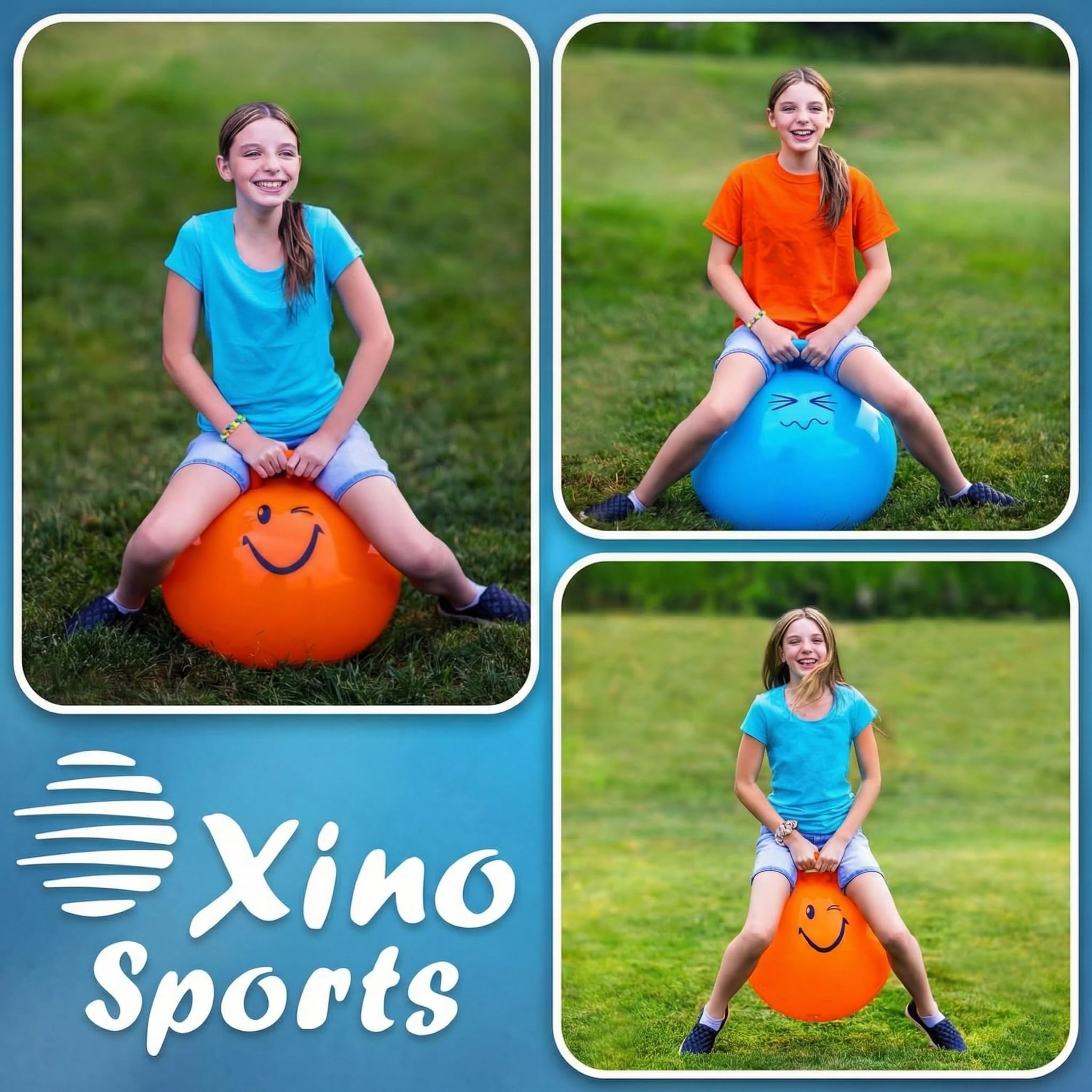 Xino Sports hopping ball supports safe play up to 170 lbs.