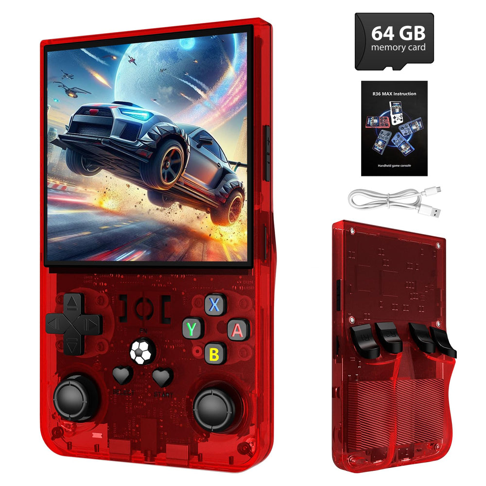 Xiskt R36MAX with a four-inch IPS display showing vibrant colors for portable gaming.