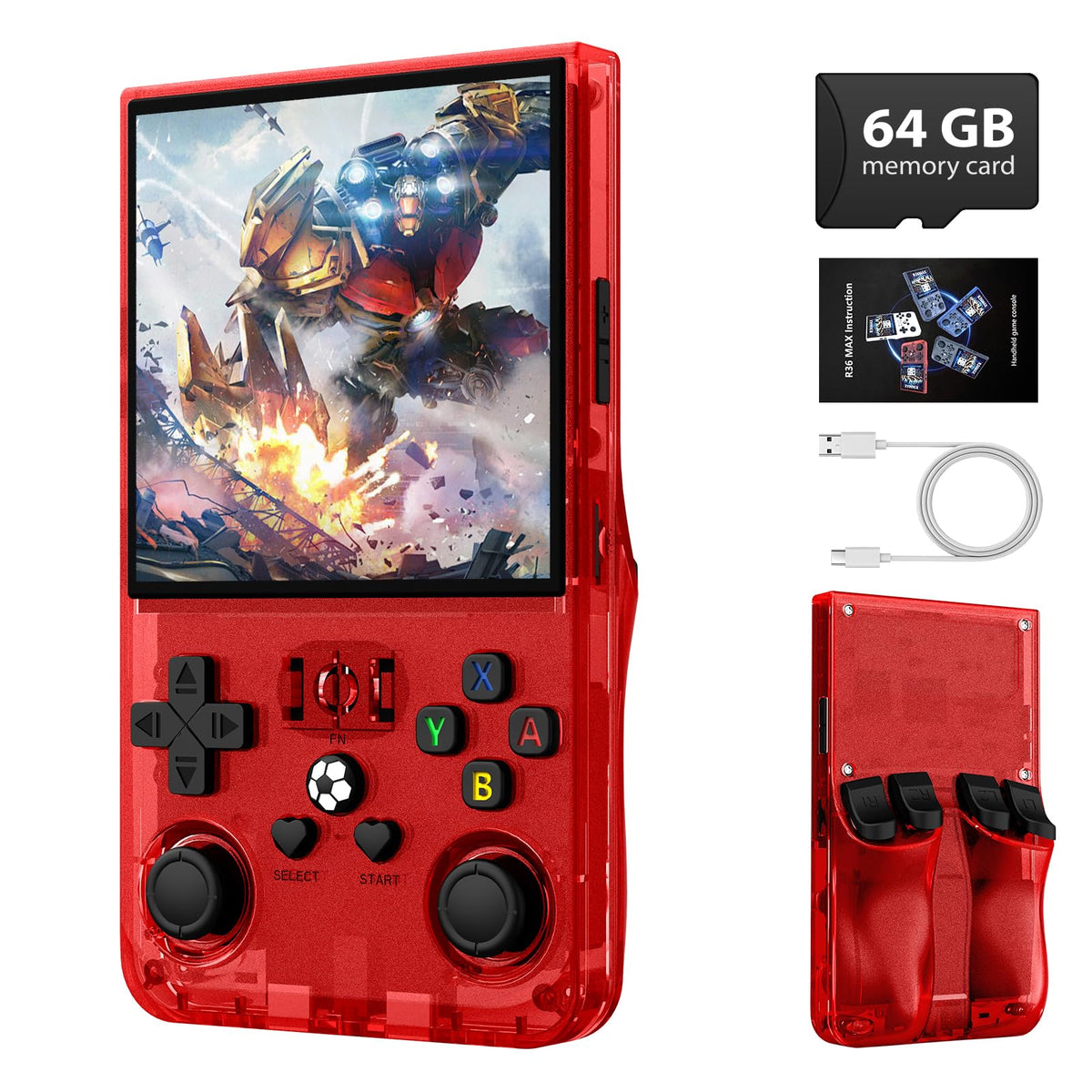 Xiskt R36MAX retro console front view highlighting compact on-the-go design for play