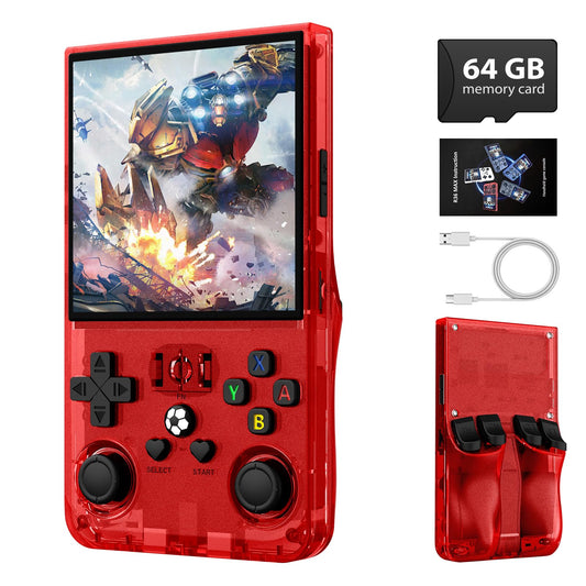 Xiskt R36MAX retro console front view highlighting compact on-the-go design for play