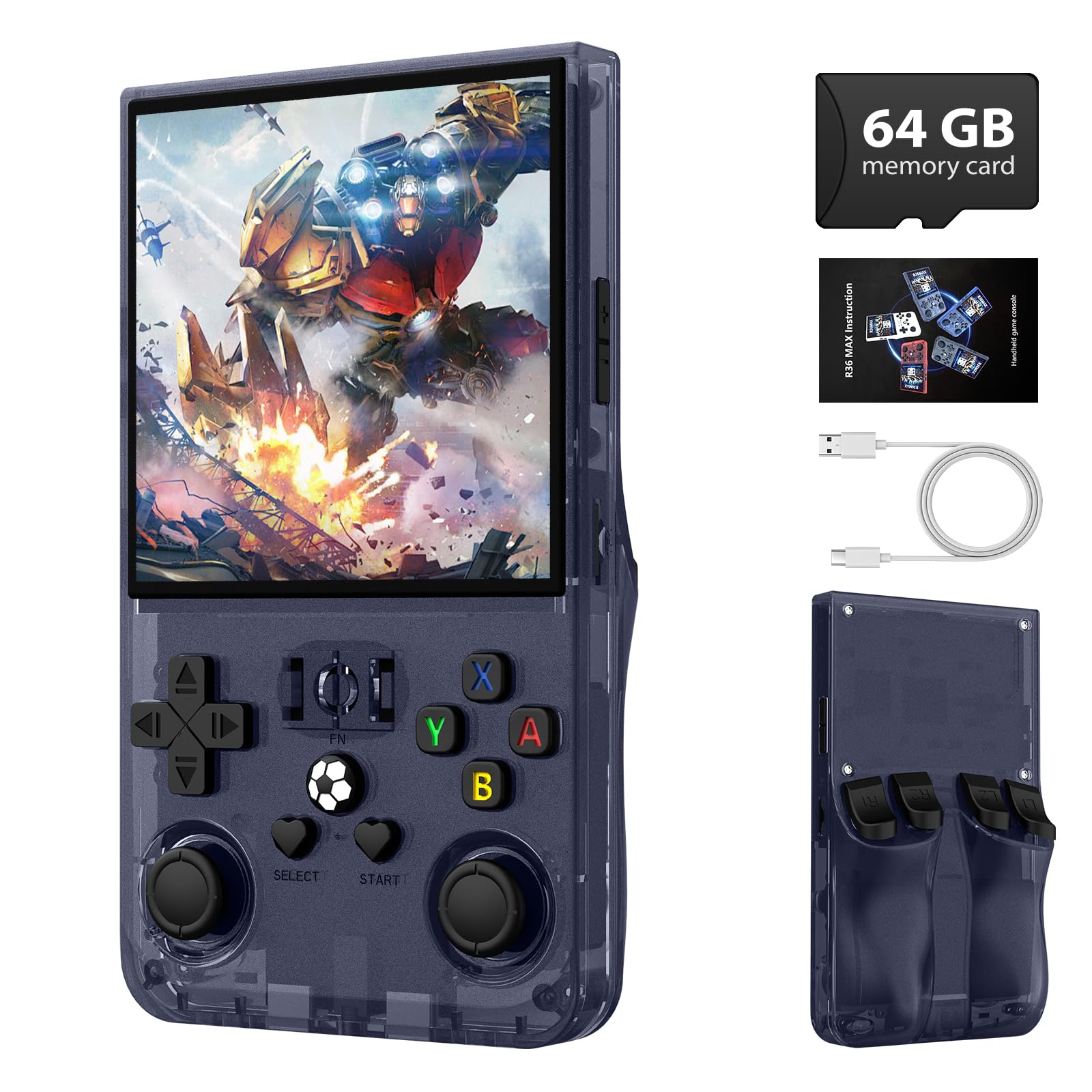 Xiskt R36MAX transparent gray front view for portable retro gaming on the go.