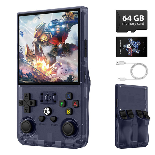Xiskt R36MAX transparent gray front view for portable retro gaming on the go.