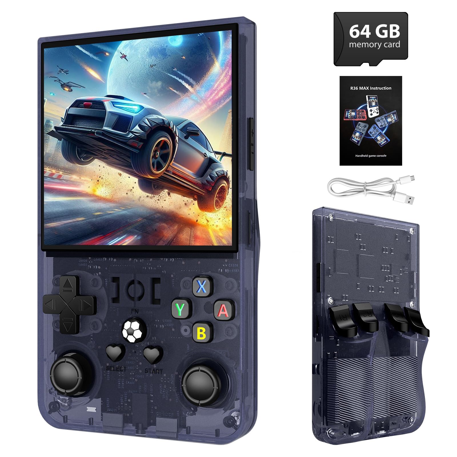 Xiskt R36MAX transparent grey front view for on-the-go retro gaming.