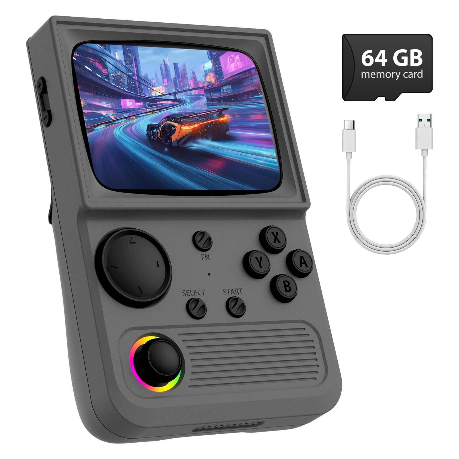 Xiskt R36T console front view highlighting portable retro gaming on the go.
