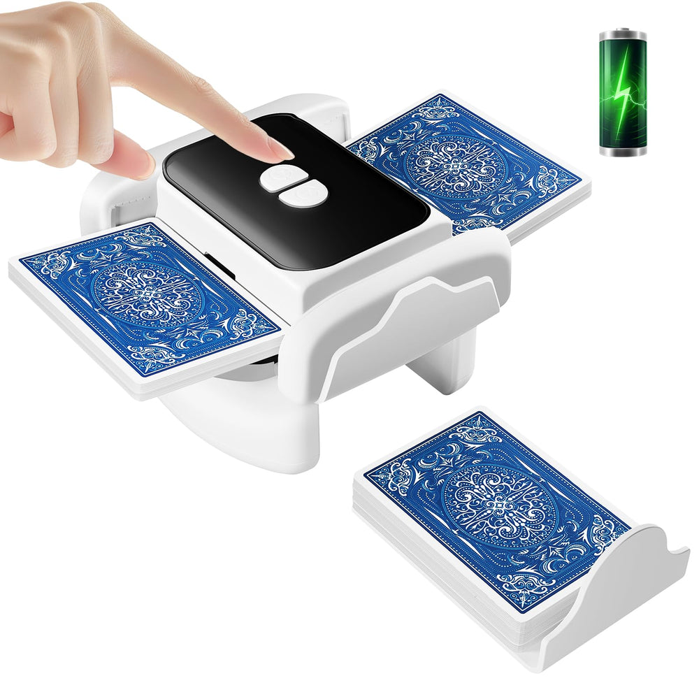 XISZMOG Rechargeable Card Shuffler front view, compact for travel-friendly 1-2 deck shuffles.